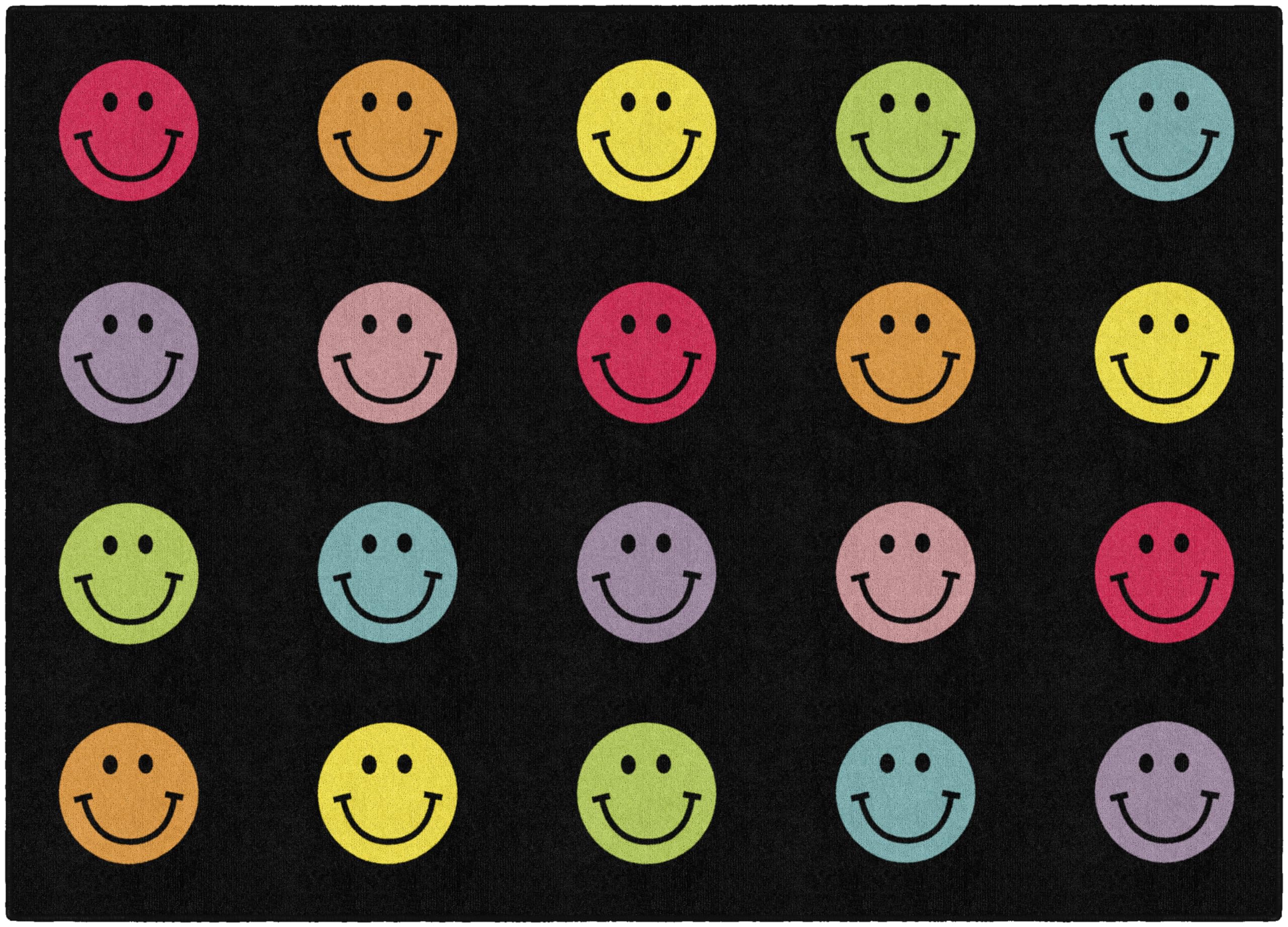 Schoolgirl Style Rainbow Smileys in Black Criss-Cross Applesauce Educational Area Rug