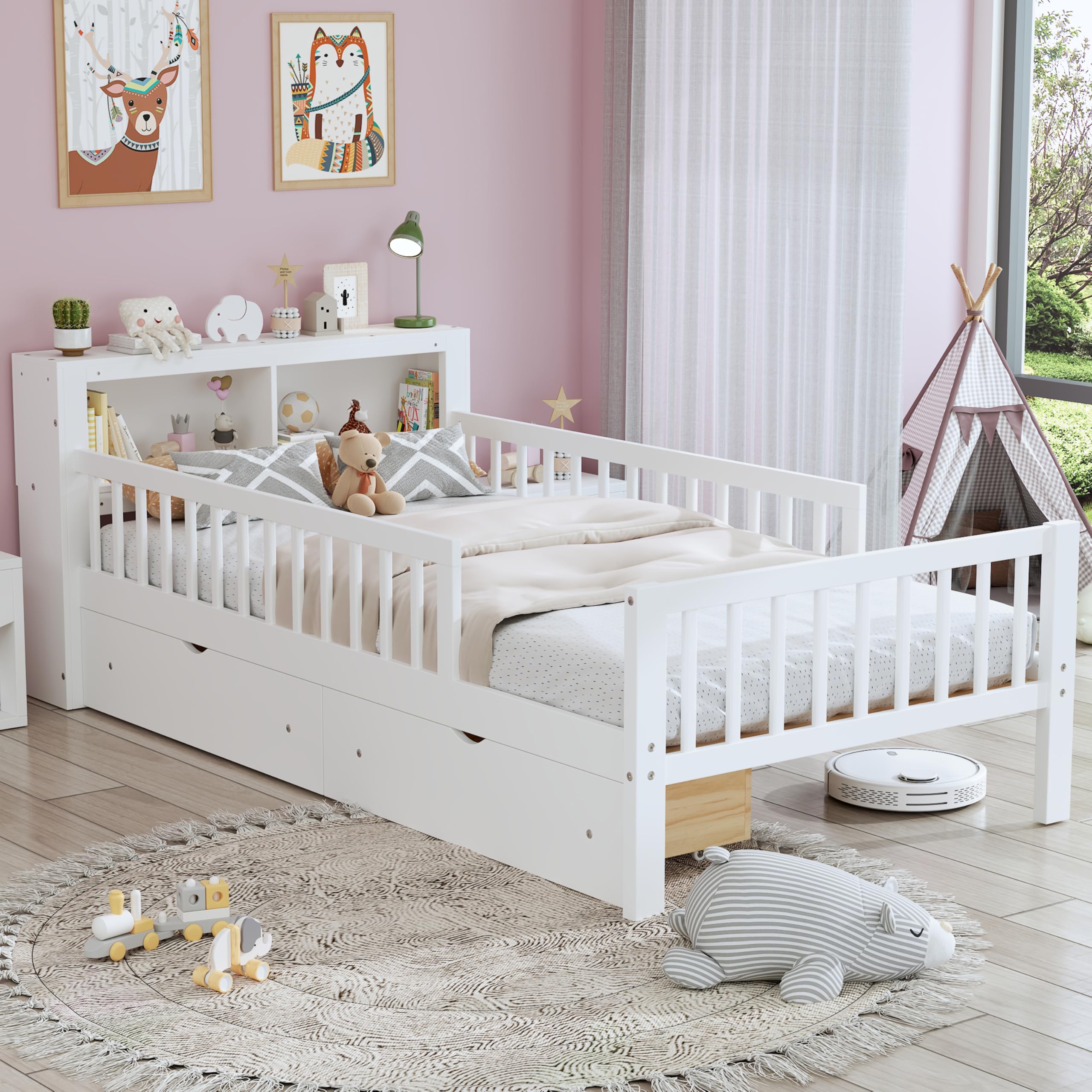 Kids Twin Bed Frame with Storage Headboard, Wooden Platform Bed