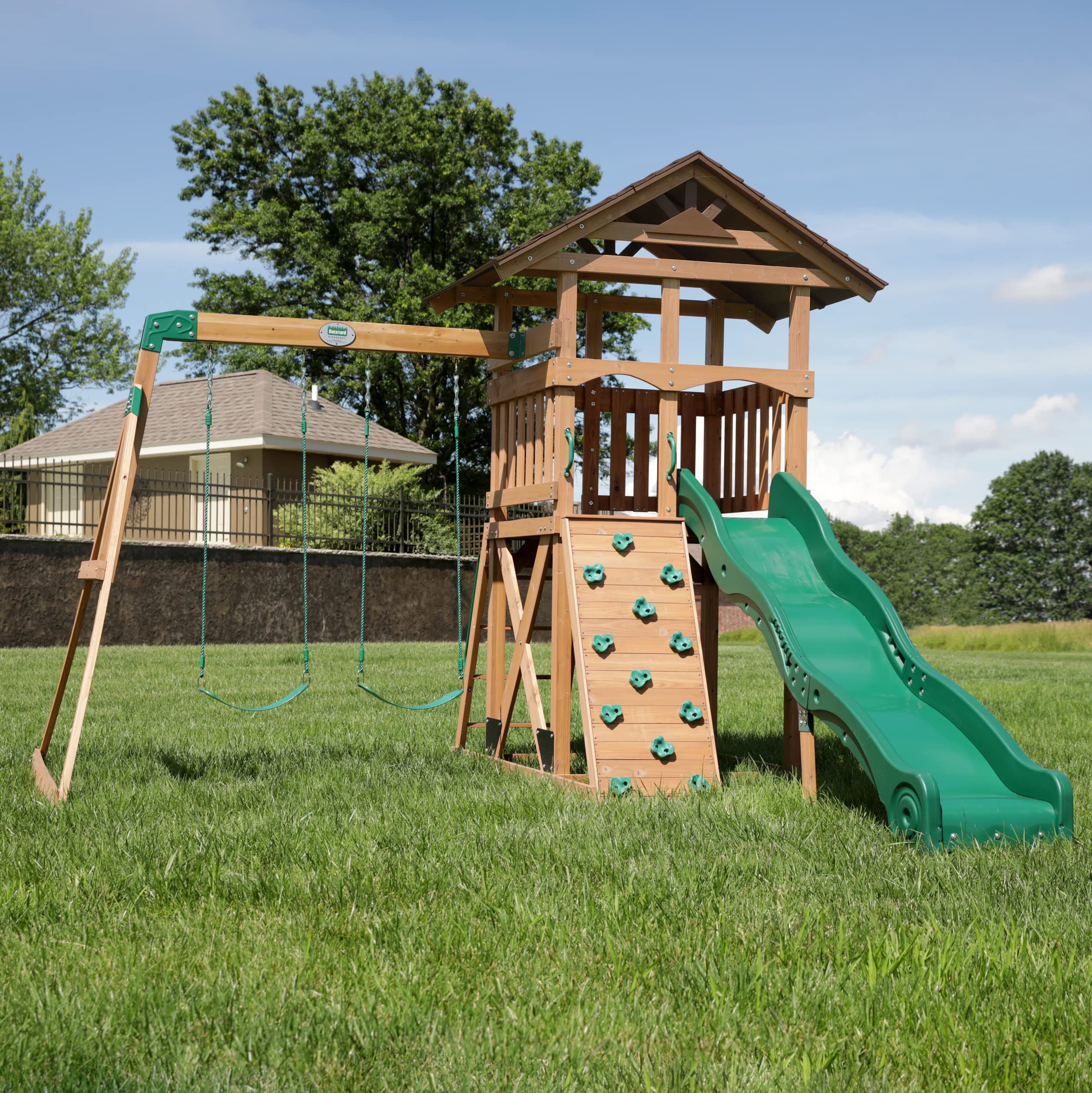 Cedar Wood Swing Set with Wave Slide Rock Wall Sandbox