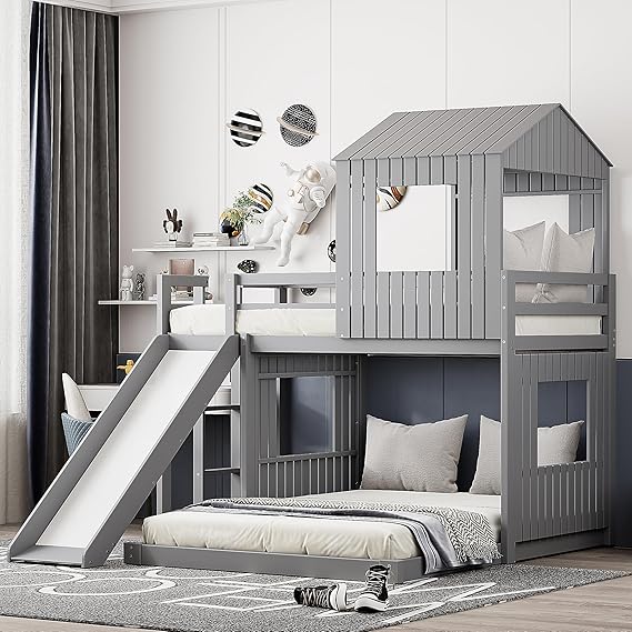 Twin Over Full Bunk Bed Frame, Solid Wood House Bunk Bed with Roof