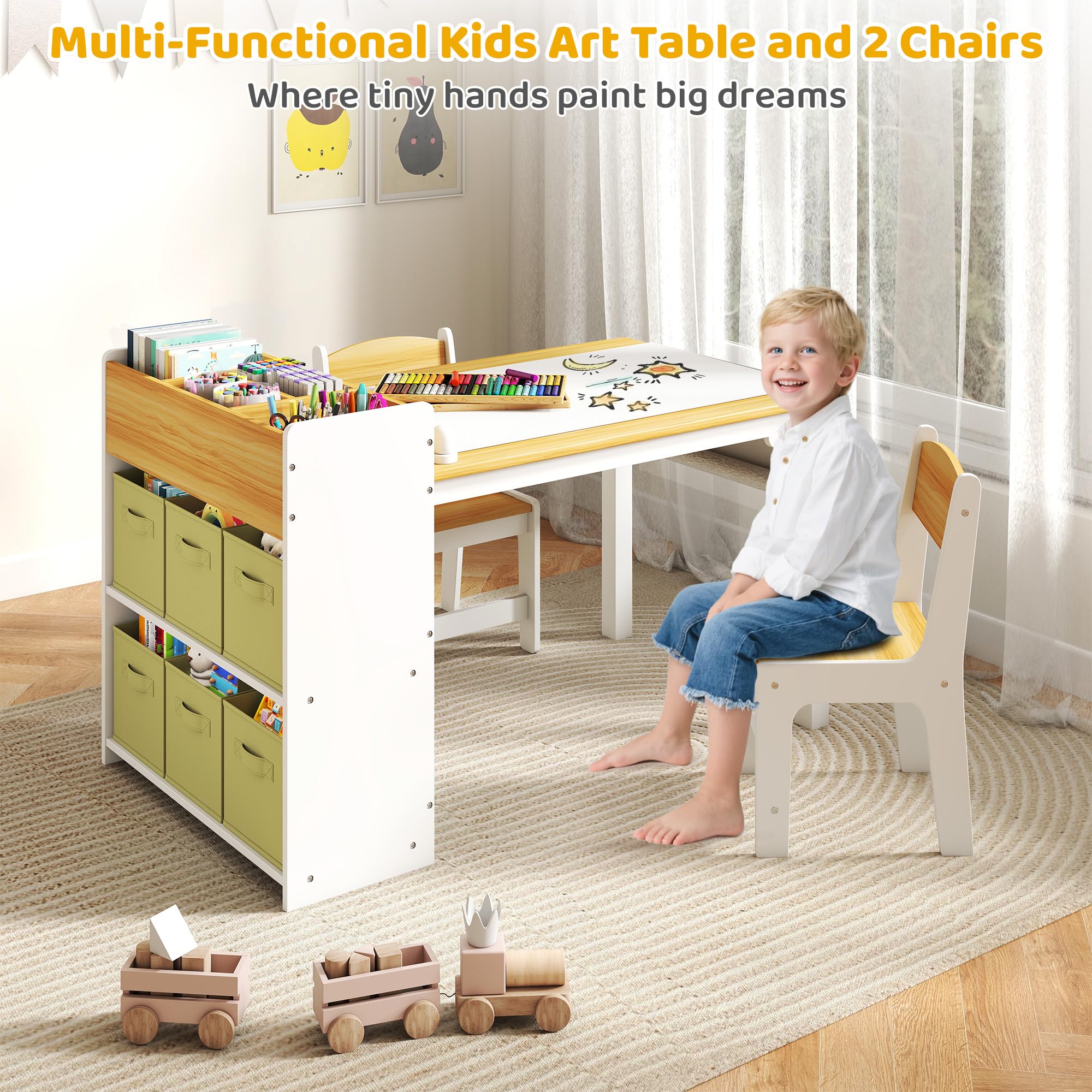 Kids Art Table and Chair Set with Storage Bins and Paper Roll
