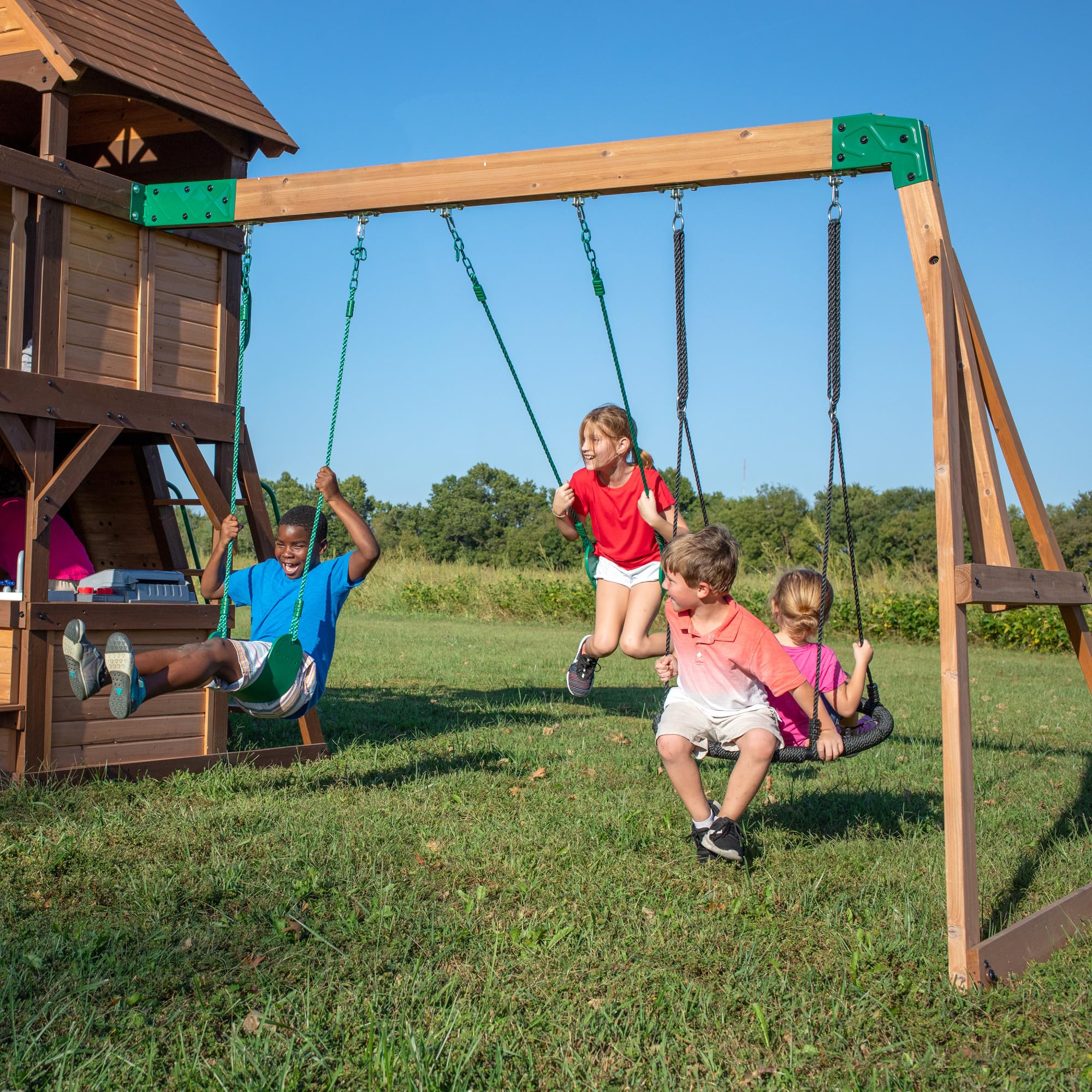 Cedar Wood Swing Set with Clubhouse and Dual Slides