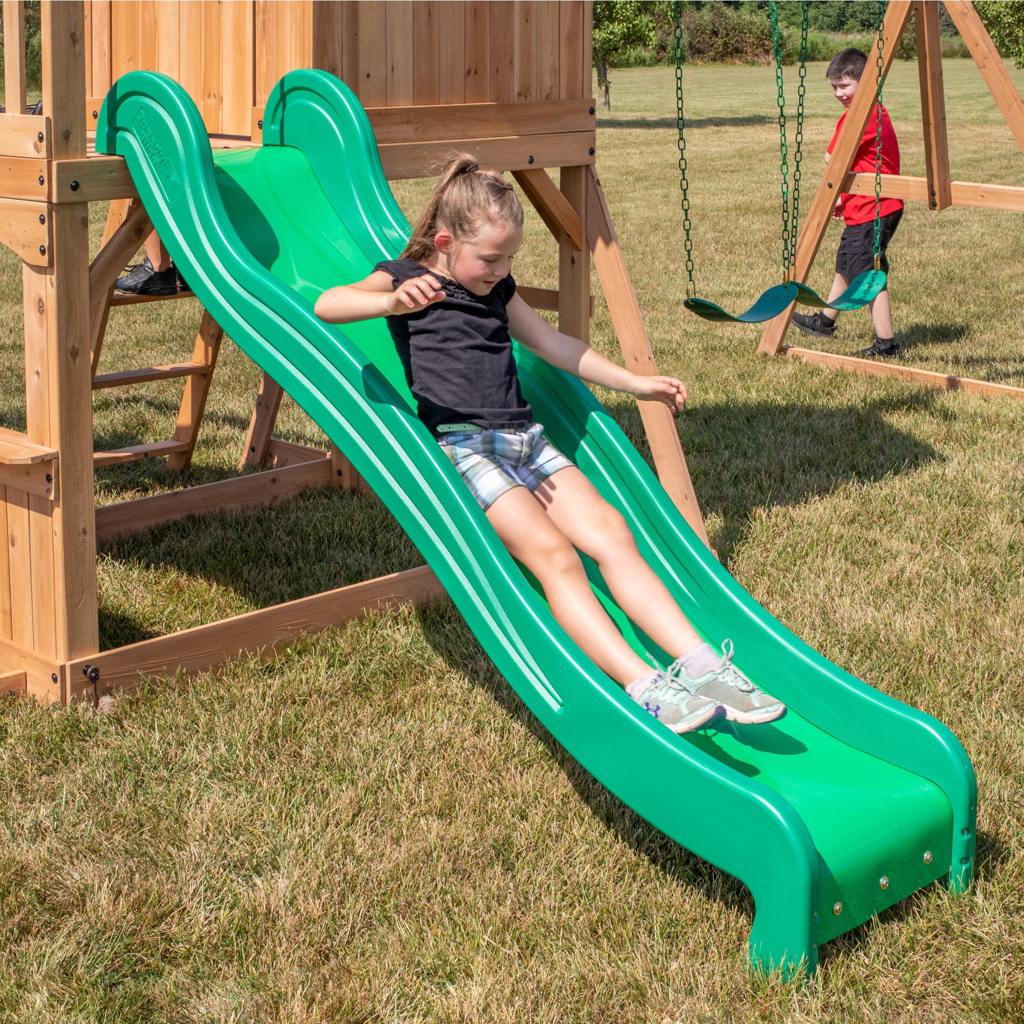 Cedar Wood Swing Set with Clubhouse and Wave Slide