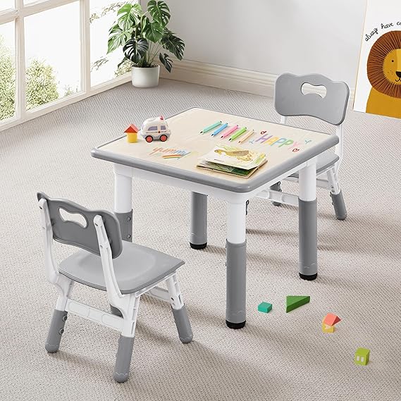 Kids Table & Chairs Set (2 Chairs) Height Adjustable for Ages 2-8 | Non-Slip Toddler