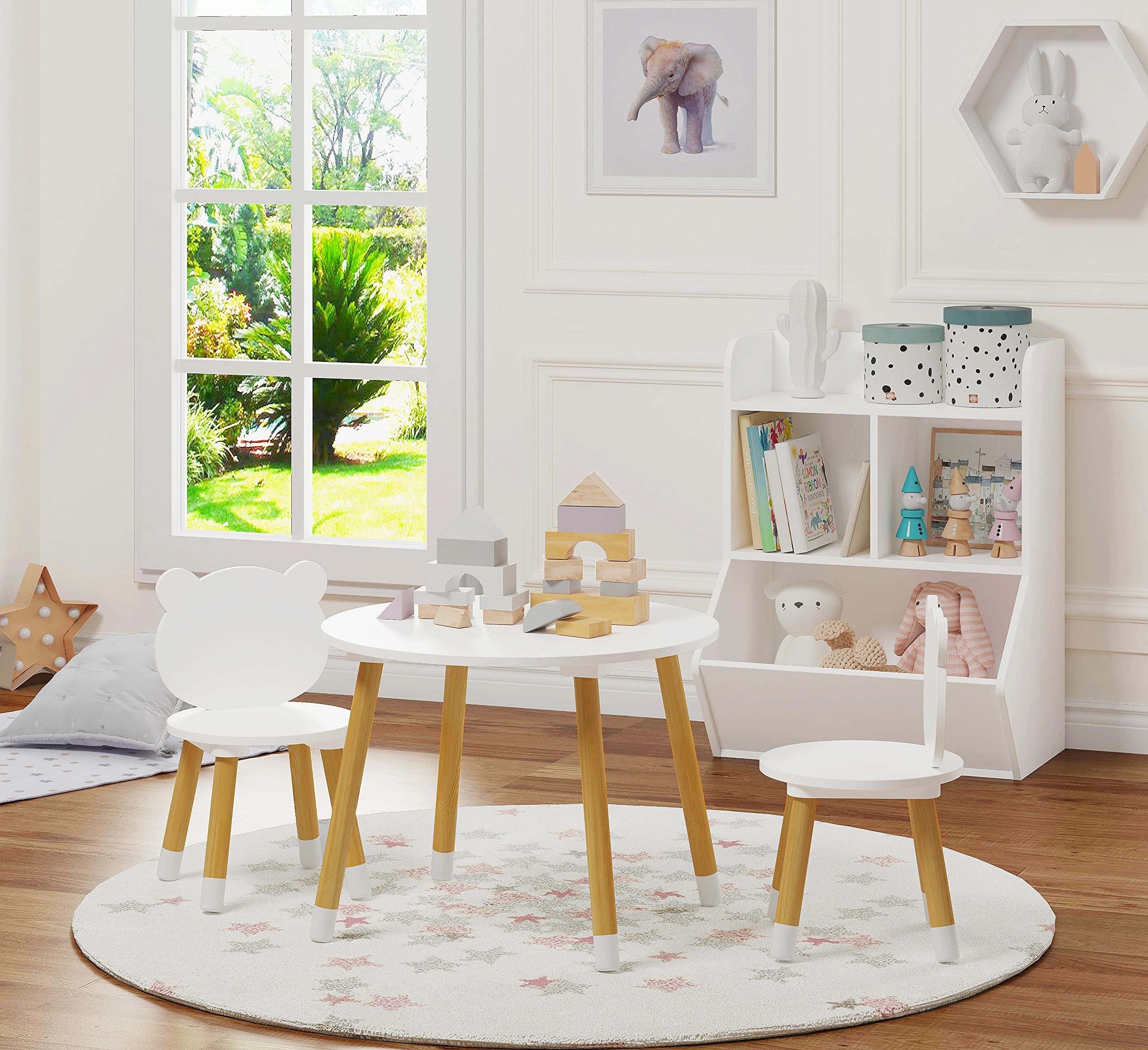 Kids Wood Table and Chair Set, Kids Play Table with 2 Chairs