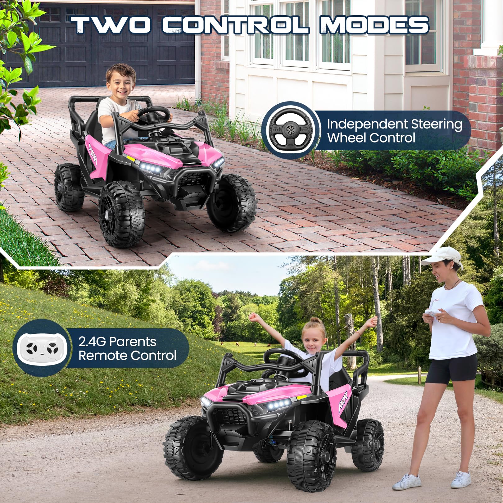 Hikole 24V Ride On Toys for Big Kids UTV, 24 Volt Car Power Wheels Parent Remote for Boy Girls, 2WD/200W*2 Gift, Spacious Seats, 3 Speeds, Soft Start Shock, Bluetooth, Led Lights, Safety Belt, Pink