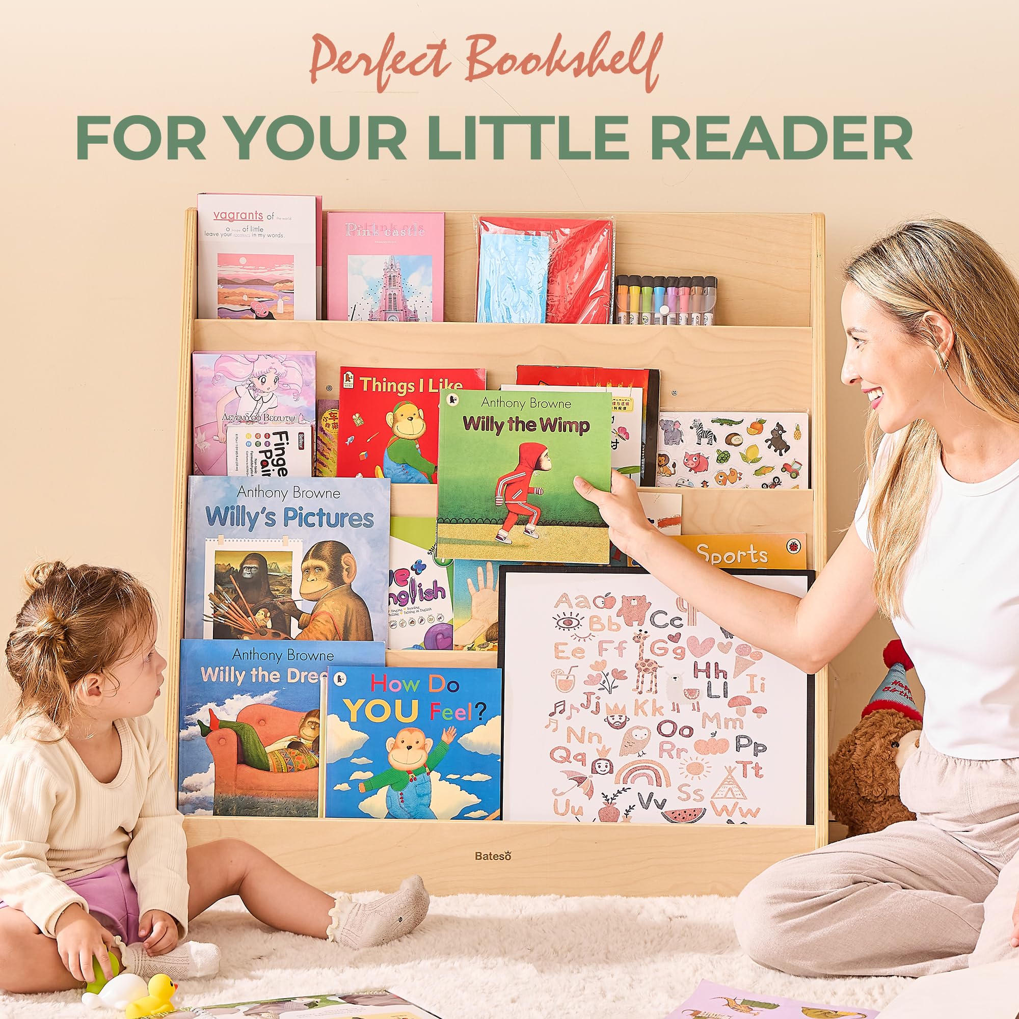 Wooden Montessori Bookshelf for Kids with Storage