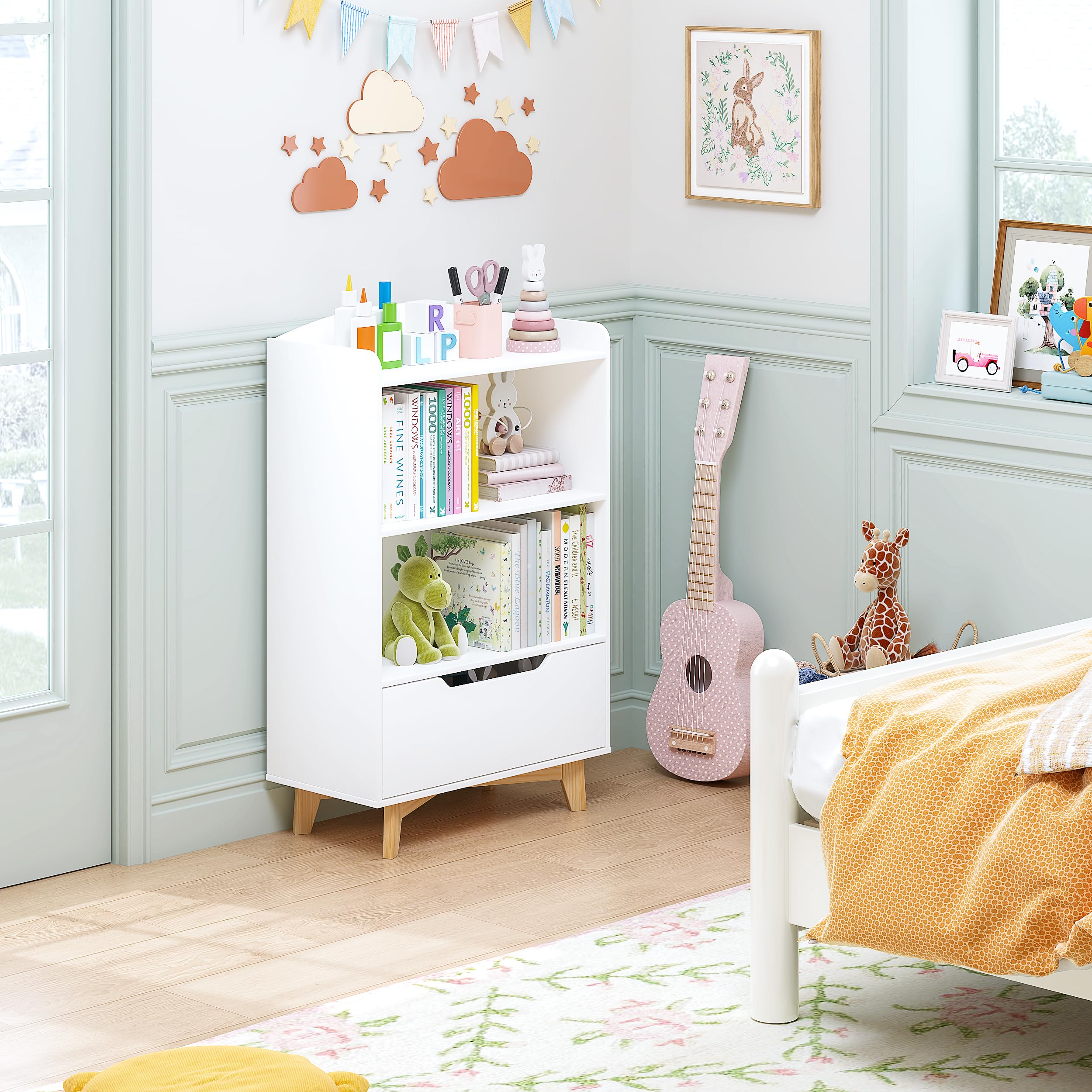 Kids Bookshelf with Storage Drawer White Wood