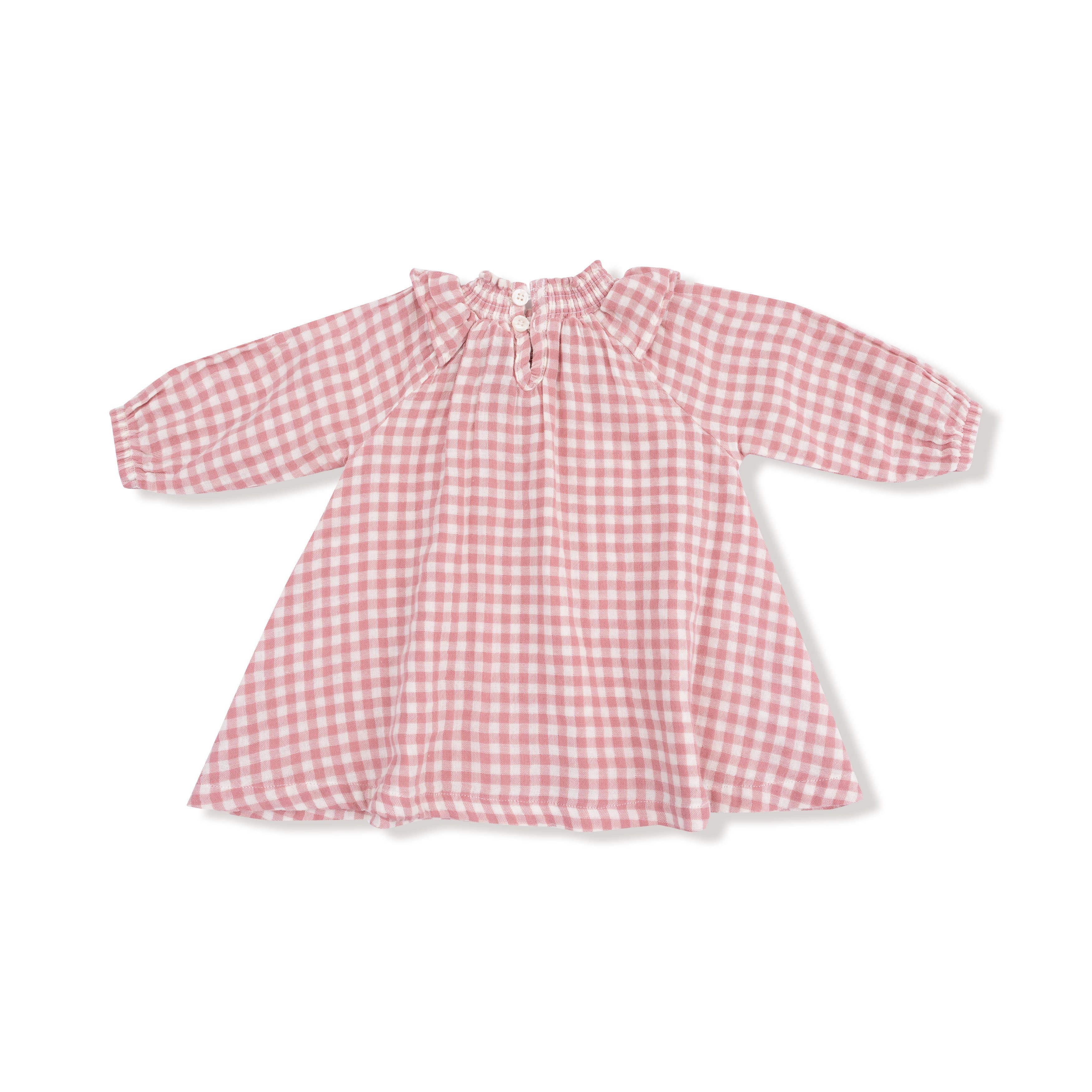 Rose Pink Plaid - Long Sleeve Ruffle Smocked Neck Dress + Diaper Cover