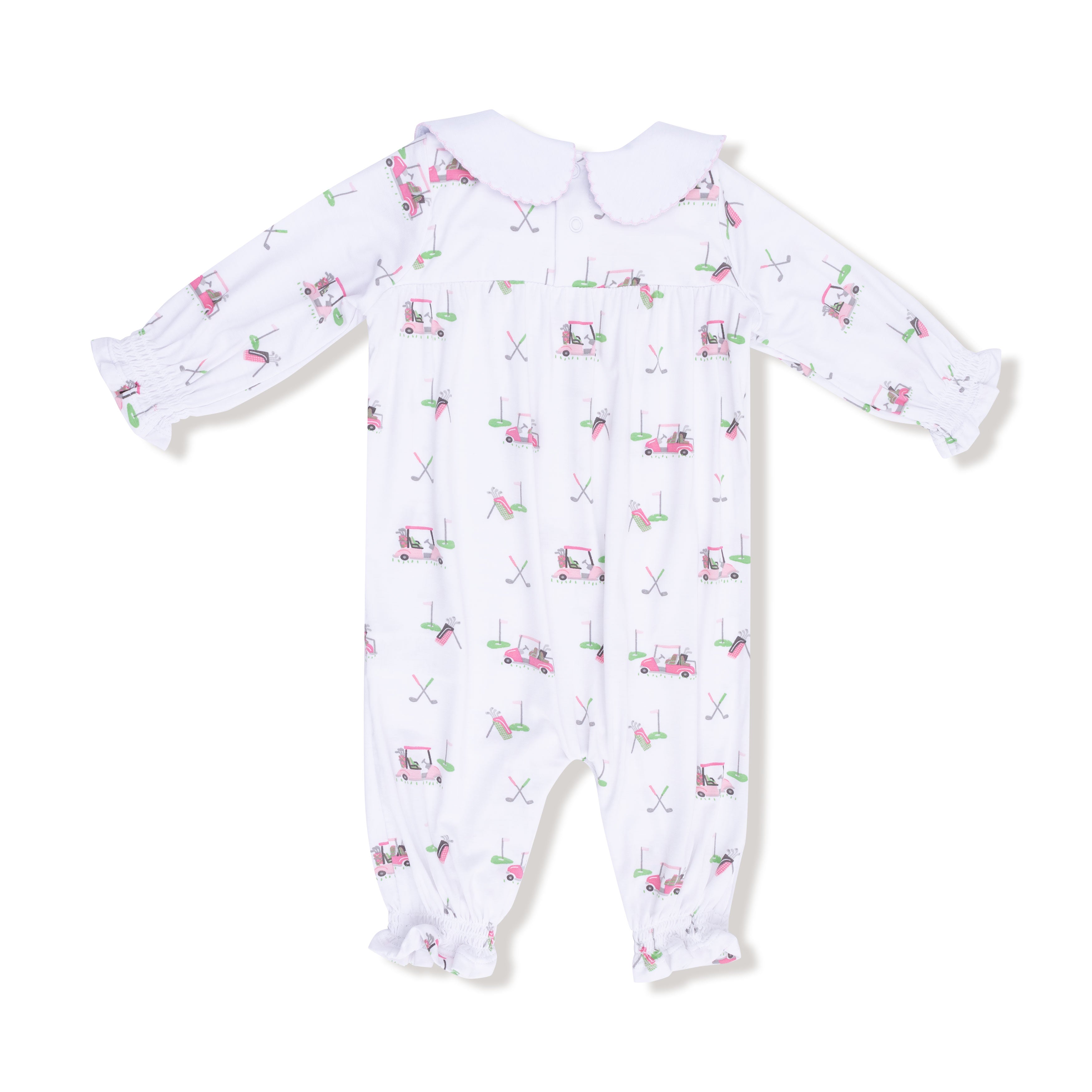 Baby Golf Carts - Pink - Smocked Long Sleeve Romper with Peter Pan Collar