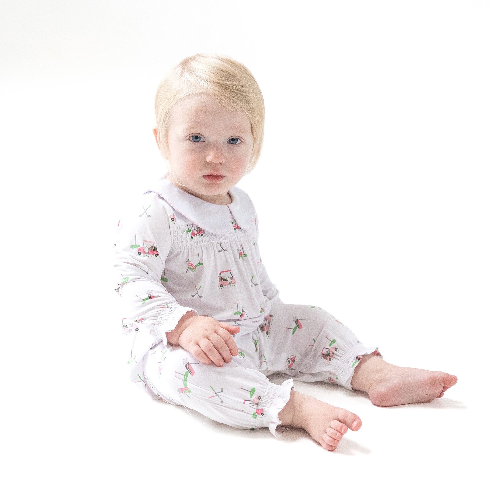 Baby Golf Carts - Pink - Smocked Long Sleeve Romper with Peter Pan Collar