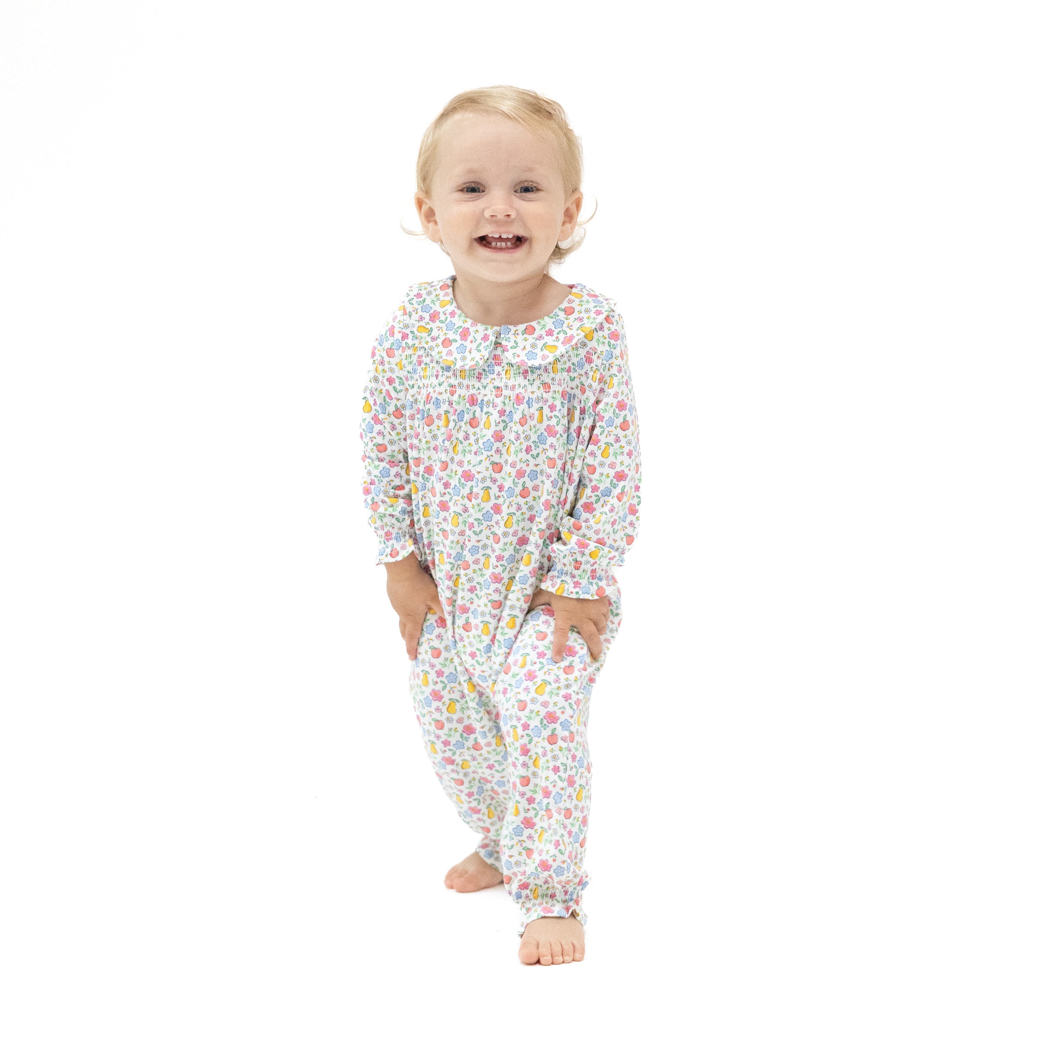 Fall Fruit Floral - Smocked Long Sleeve Romper with Peter Pan Collar