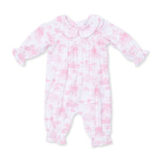 Golf Toile Pink - Smocked Long Sleeve Romper