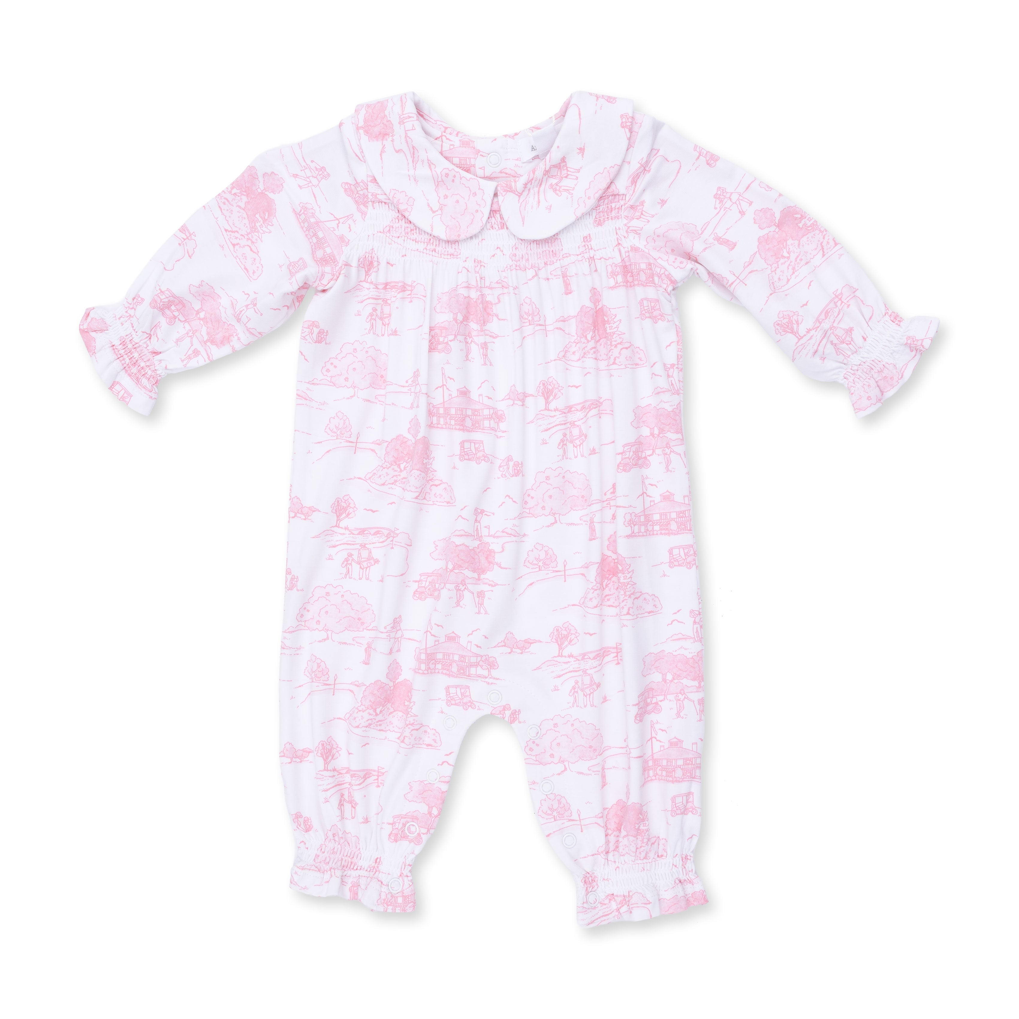 Golf Toile Pink - Smocked Long Sleeve Romper