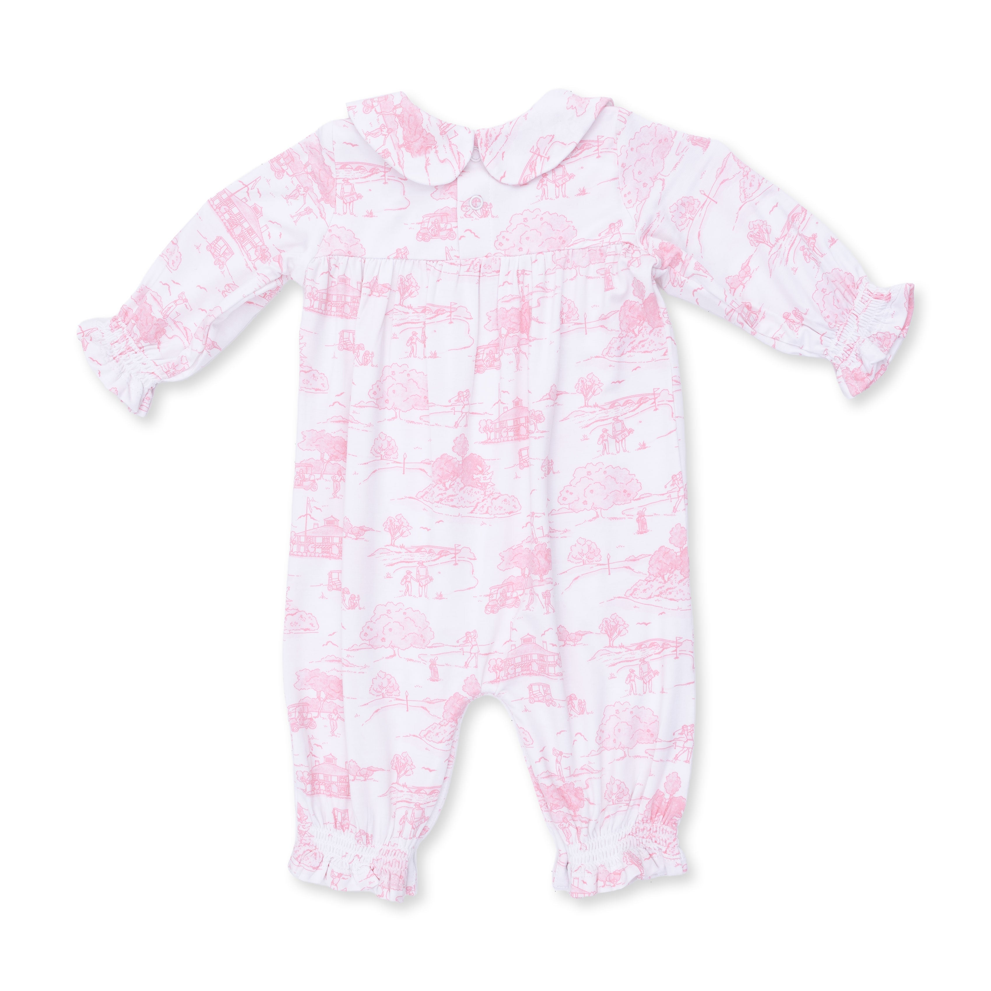 Golf Toile Pink - Smocked Long Sleeve Romper
