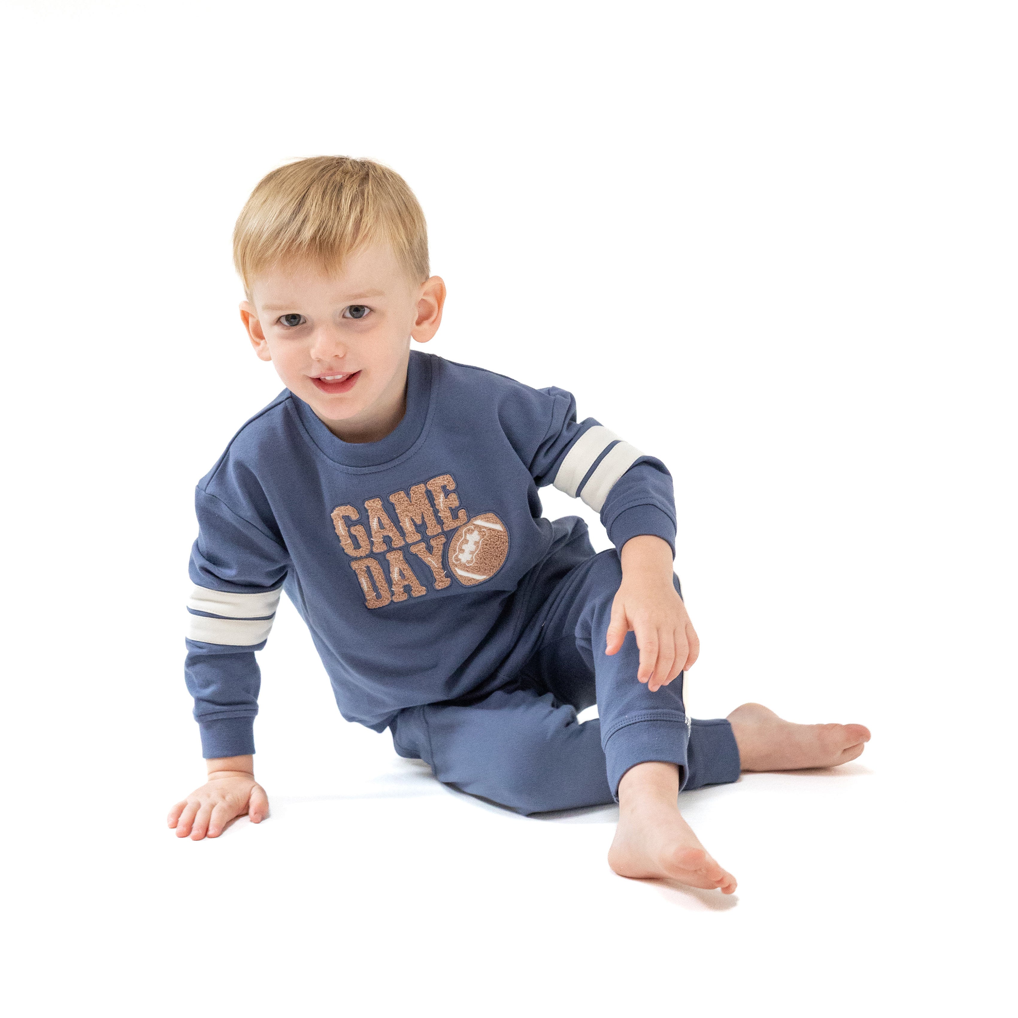 Varsity - Vintage Indigo - Cozy Drop Sleeve Sweatshirt with Varsity Stripes