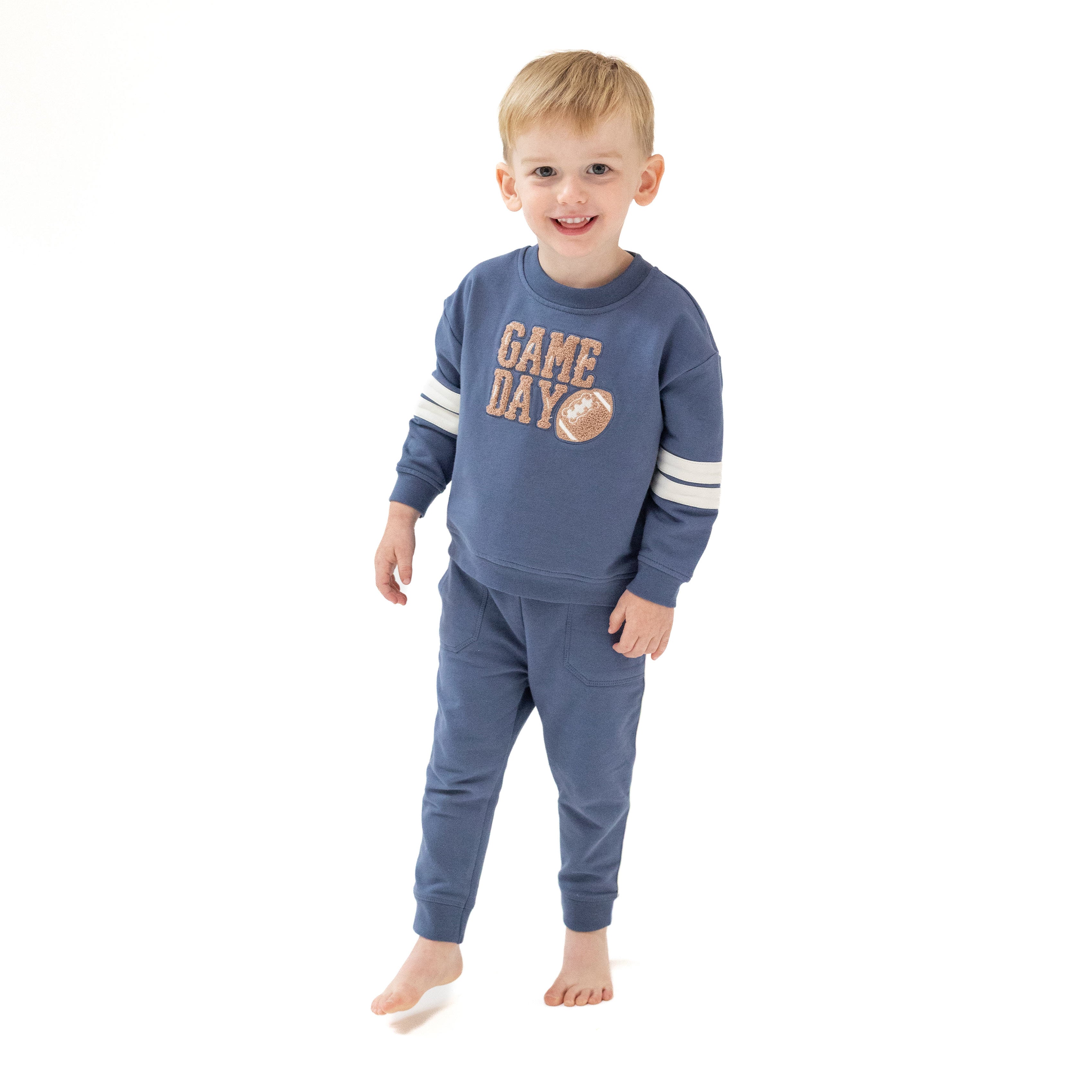 Varsity - Vintage Indigo - Cozy Drop Sleeve Sweatshirt with Varsity Stripes