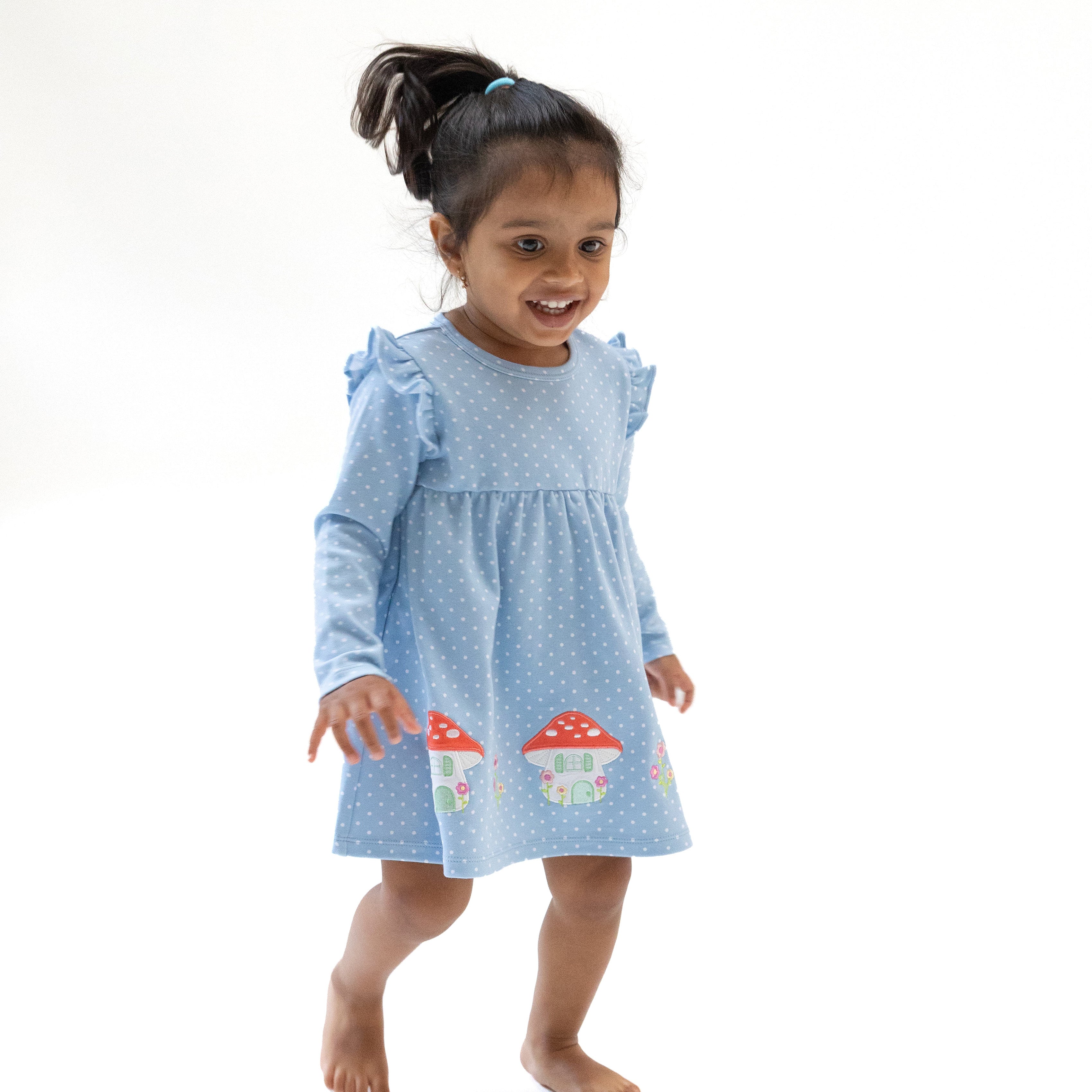 Painterly Mushrooms - Mushroom House Long Sleeve Dress with Bloomer