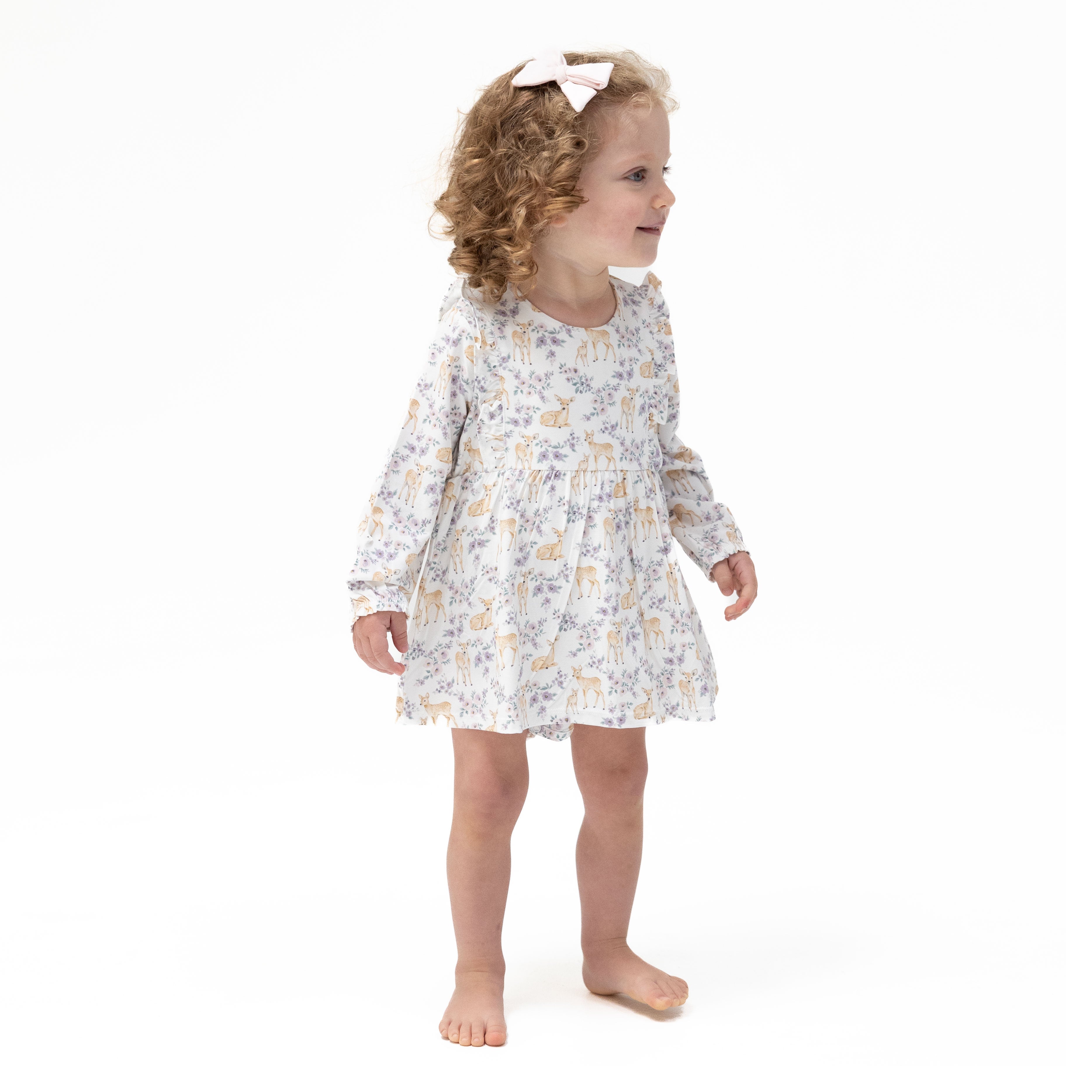 Floral Deer - Long Sleeve Ruffle Bodysuit Dress