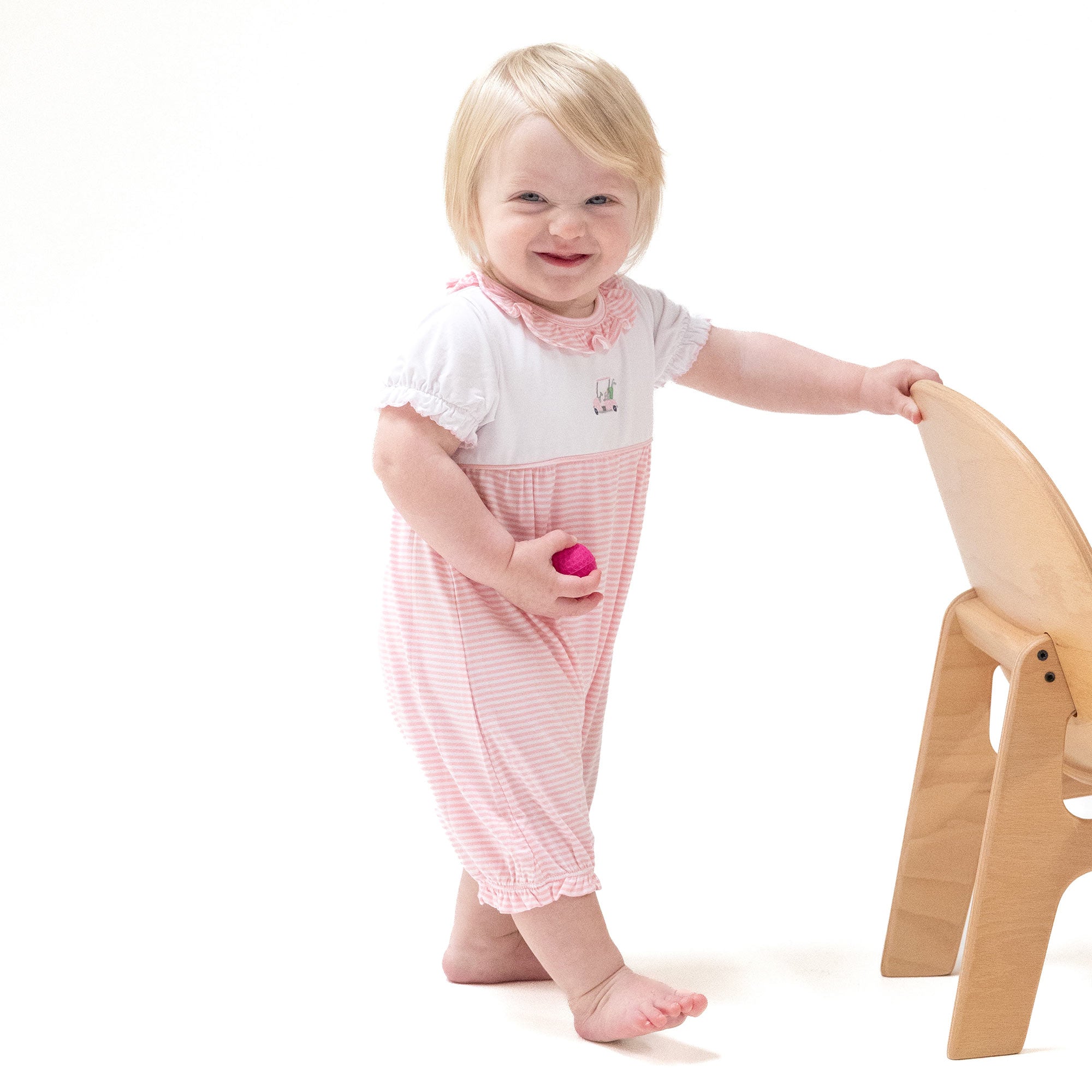 Baby Golf Carts - Pink - Ruffle Collar Romper with Piping and Picot