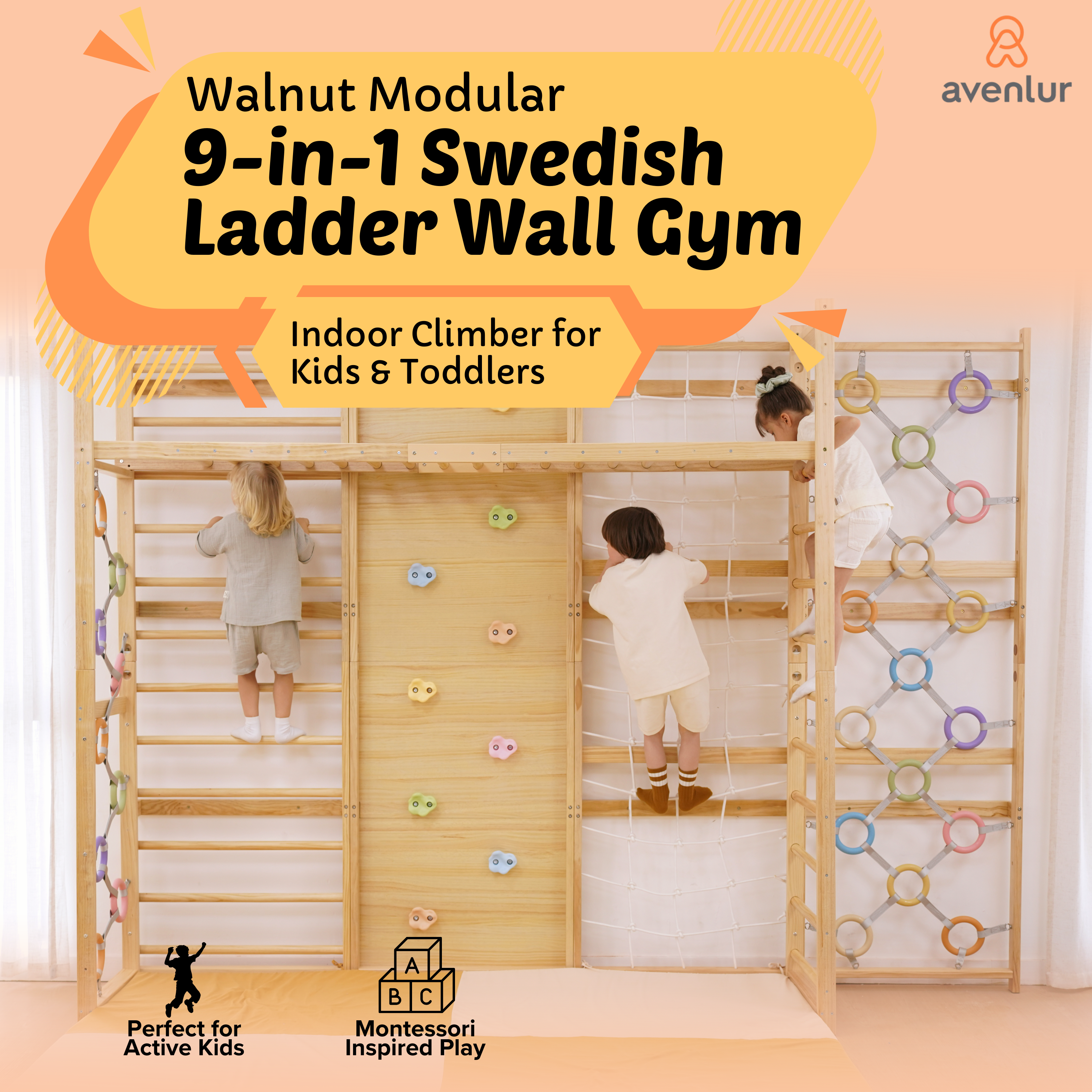 Walnut Modular | Swedish Ladder Jungle Gym - 95" Height - Wall Mounted
