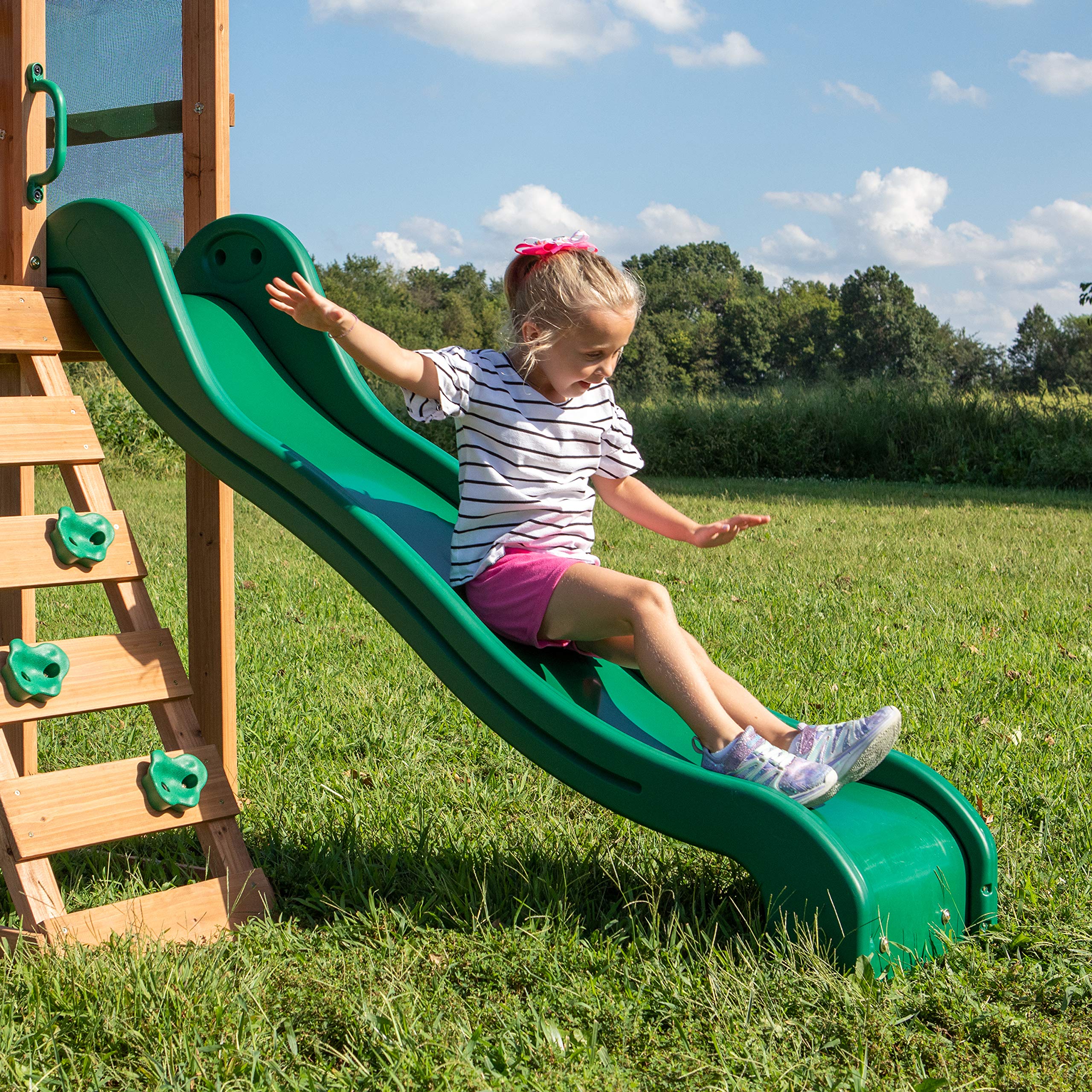 Cedar Wood Swing Set with Wave Slide and Play Deck