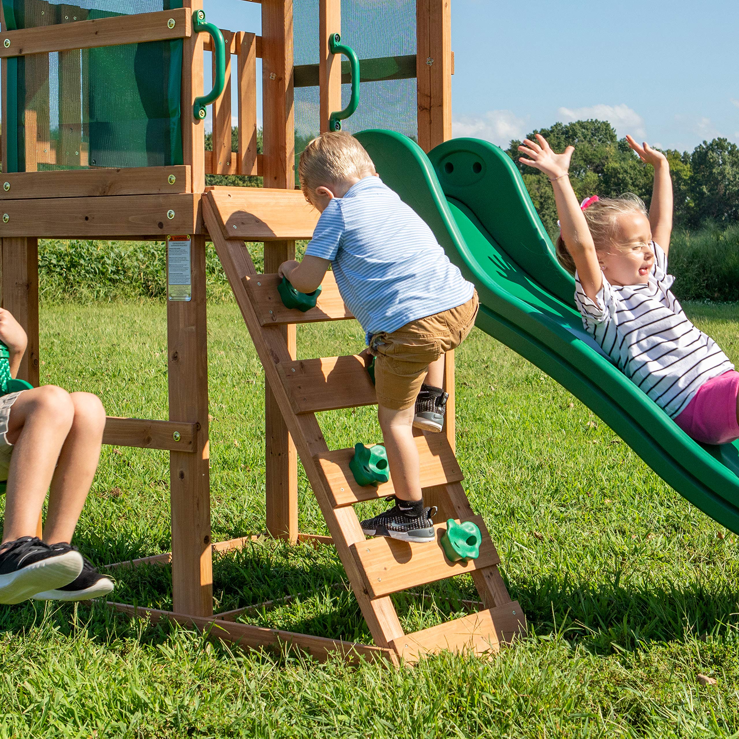 Cedar Wood Swing Set with Wave Slide and Play Deck