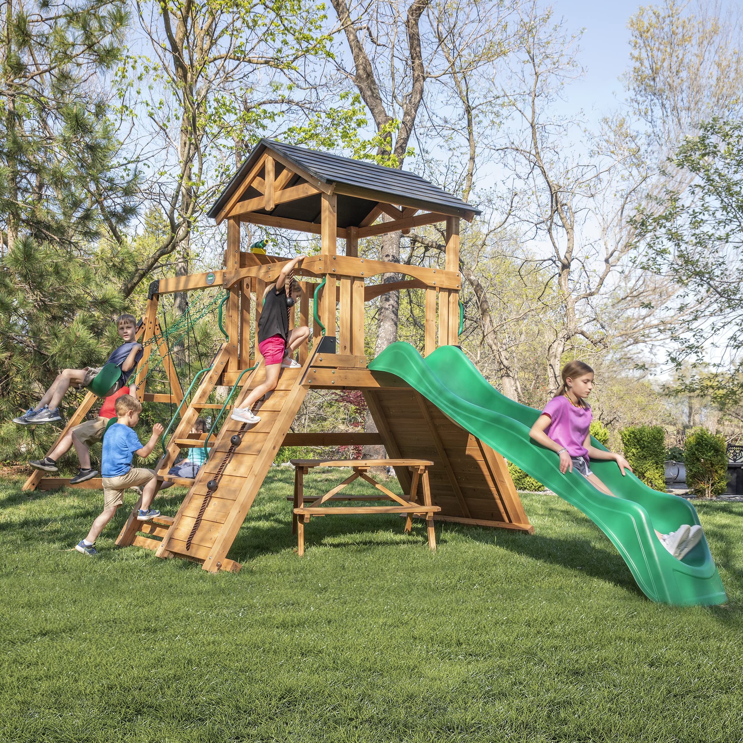 Endeavor II Cedar Wood Swing Set with Wave Slide, Play Deck, Double Rock Wall