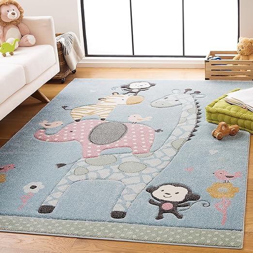 Carousel Kids Collection Area Rug - 5'3" x 7'6", Ivory, Animal Design, Non-Shedding