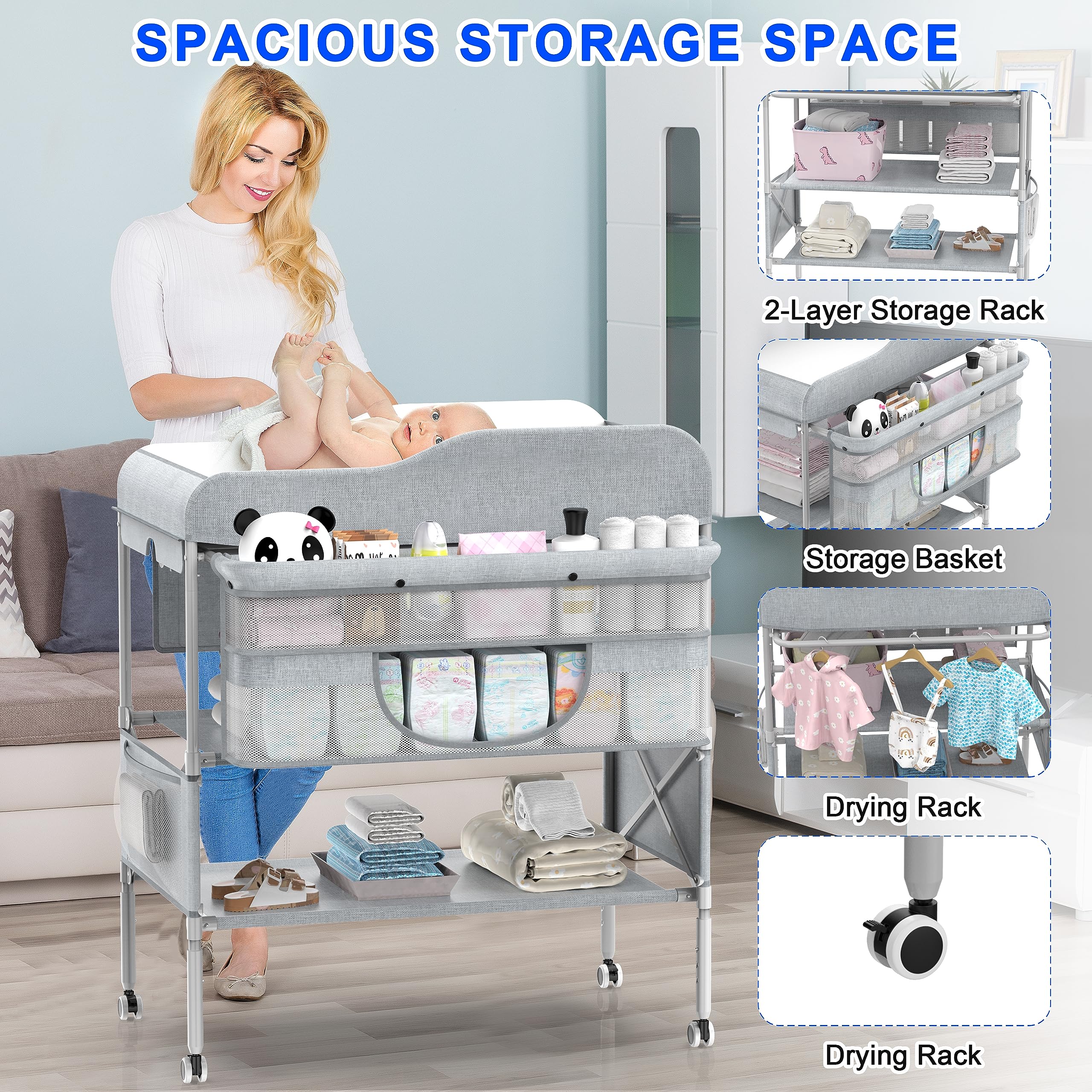 Height Adjustable Baby Changing Table with Storage