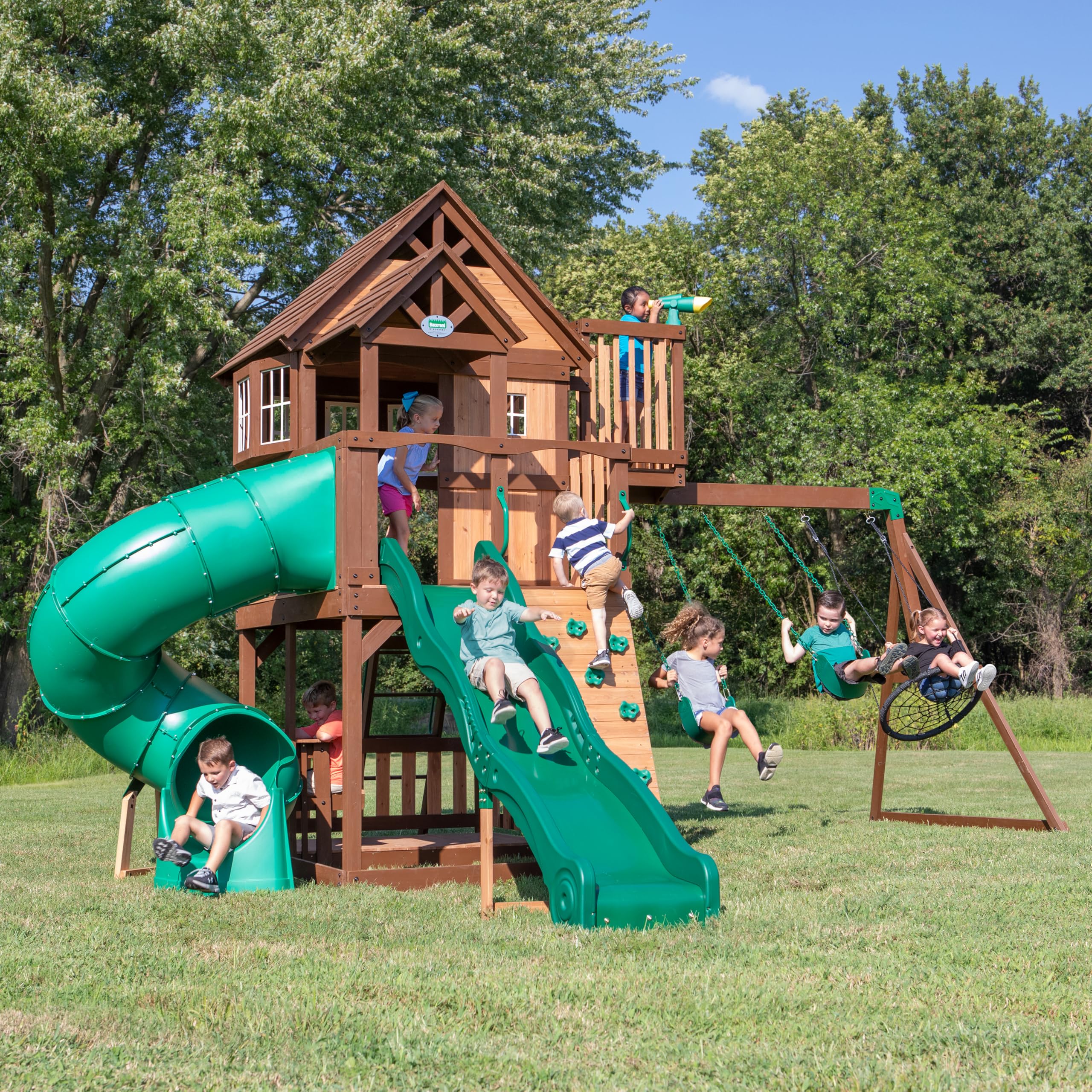 All Cedar Swing Set with Elevated Clubhouse and Dual Slides