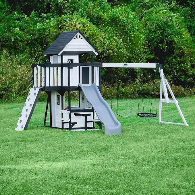 Canyon Creek Cedar Wood Swing Set with Wave Slide, Clubhouse, Play Kitchen, Picnic Area