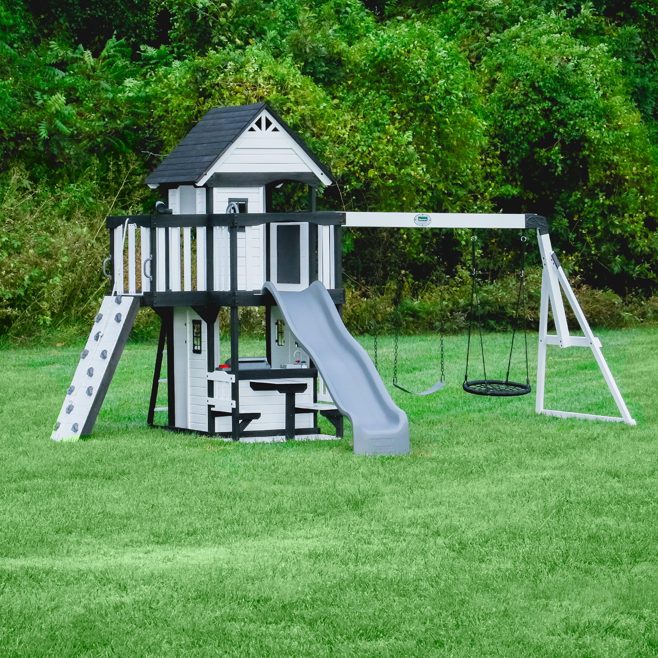 Cedar Wood Swing Set with Clubhouse and Wave Slide