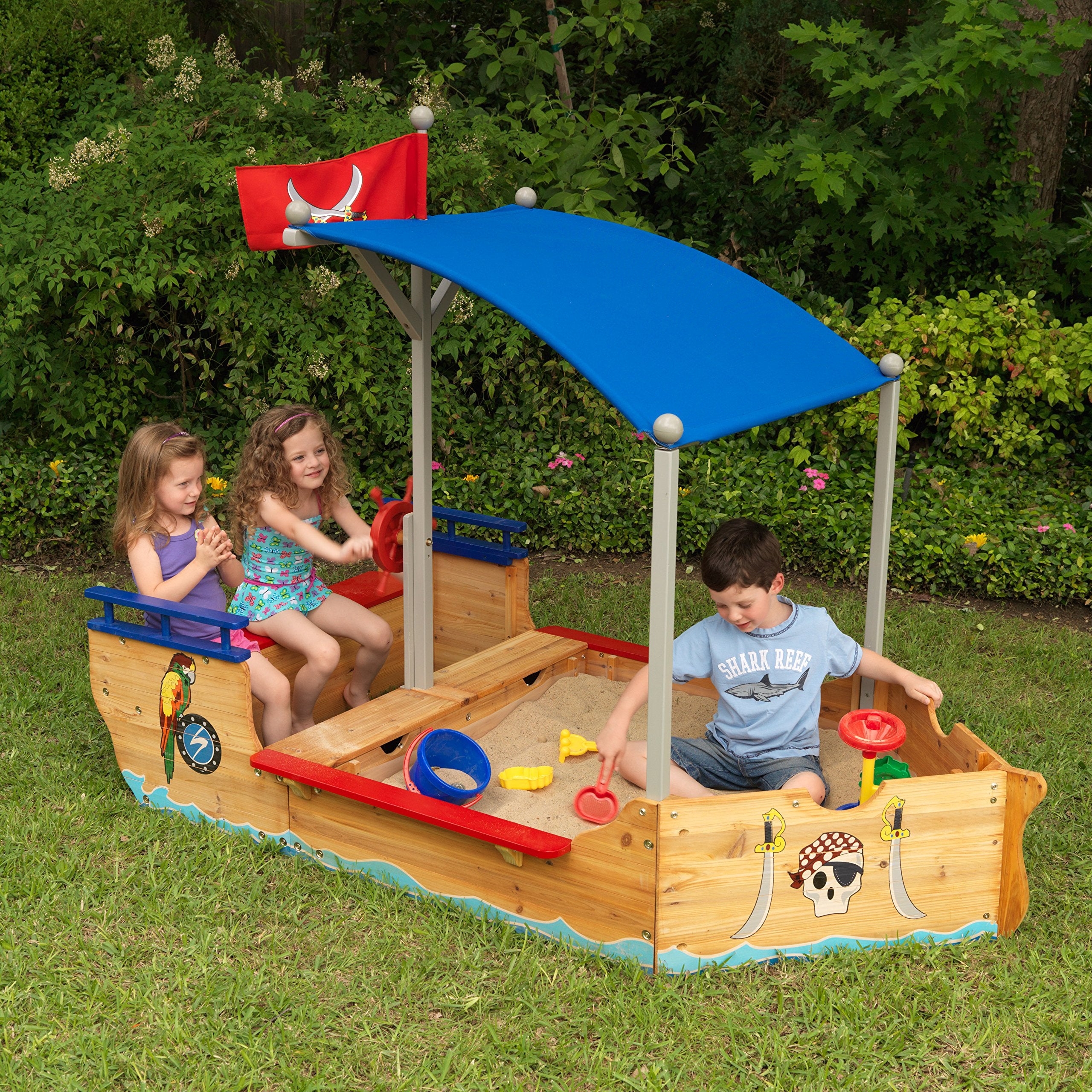 Wooden Pirate Sandbox with Canopy, Covered Children's Sandbox