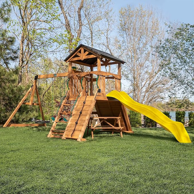 Endeavor II Cedar Wood Swing Set with Wave Slide, Play Deck, Double Rock Wall