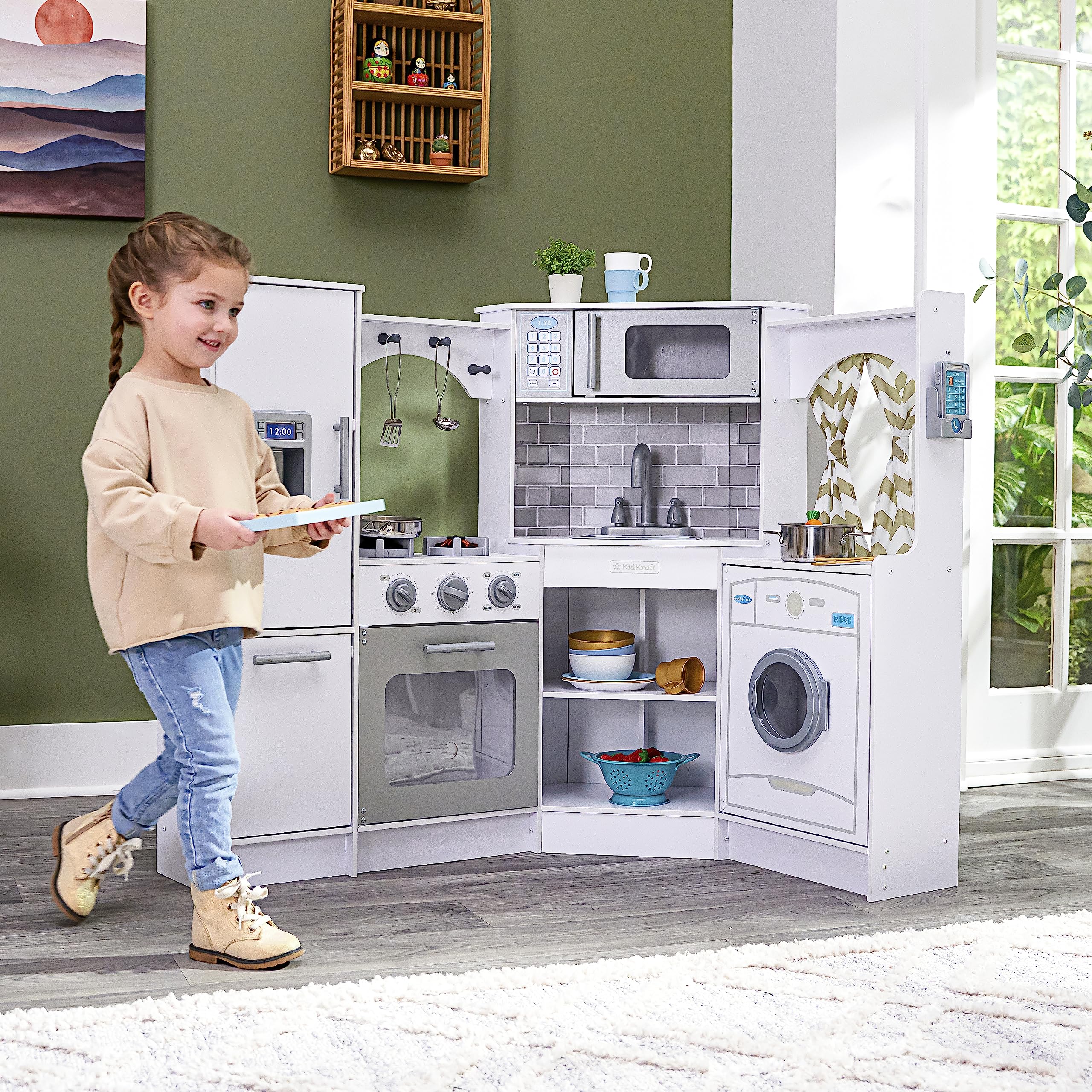 KidKraft Ultimate Corner Wooden Play Kitchen with Lights & Sounds, Play Phone and Curtains, White
