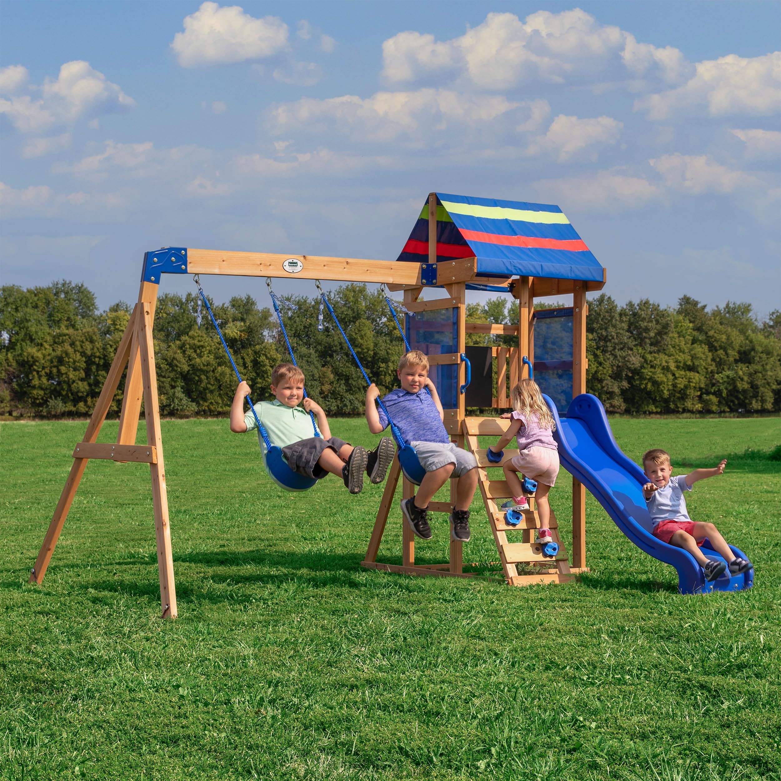 Cedar Wood Swing Set with Wave Slide and Play Deck for Kids