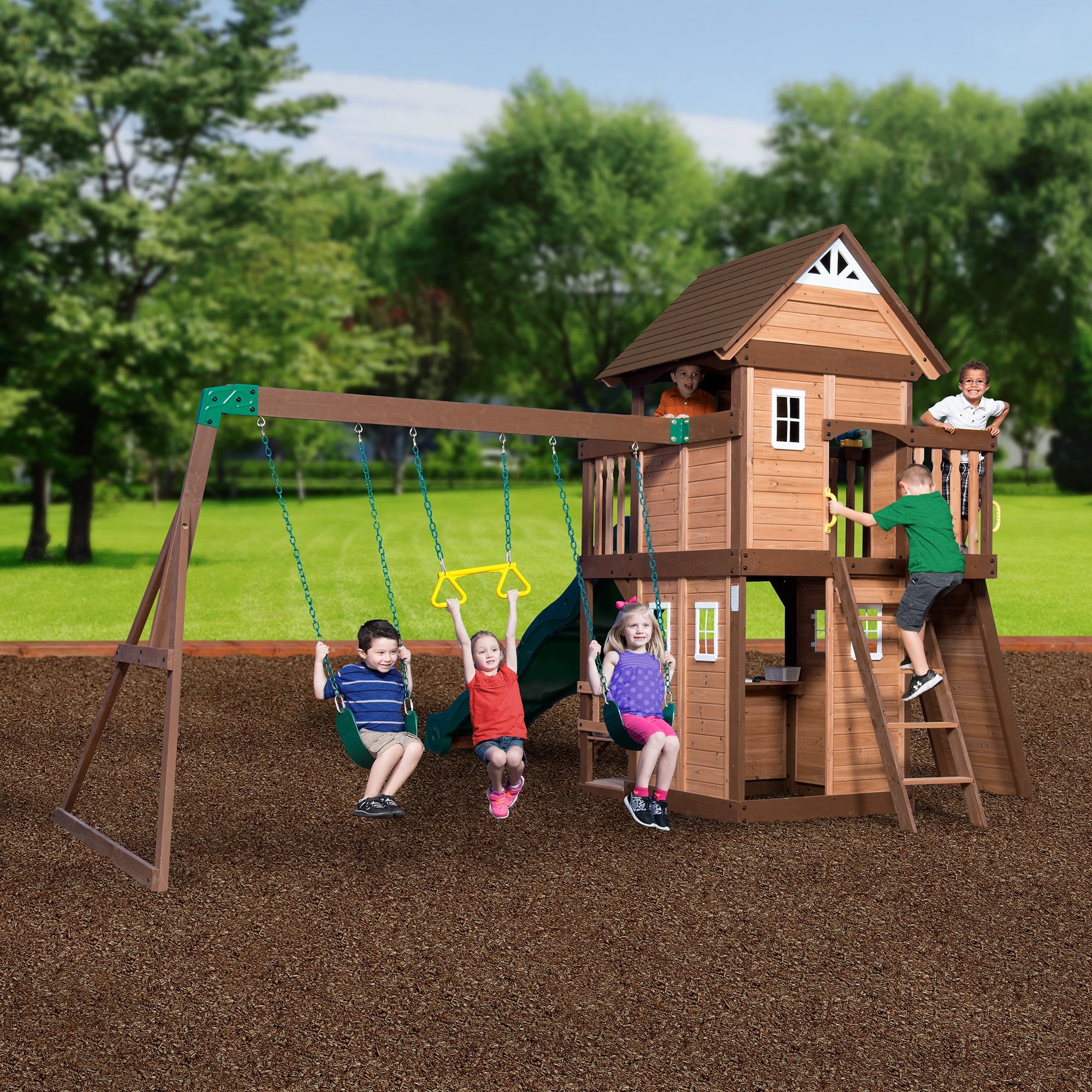 Mount Triumph Cedar Wood Swing Set with Wave Slide