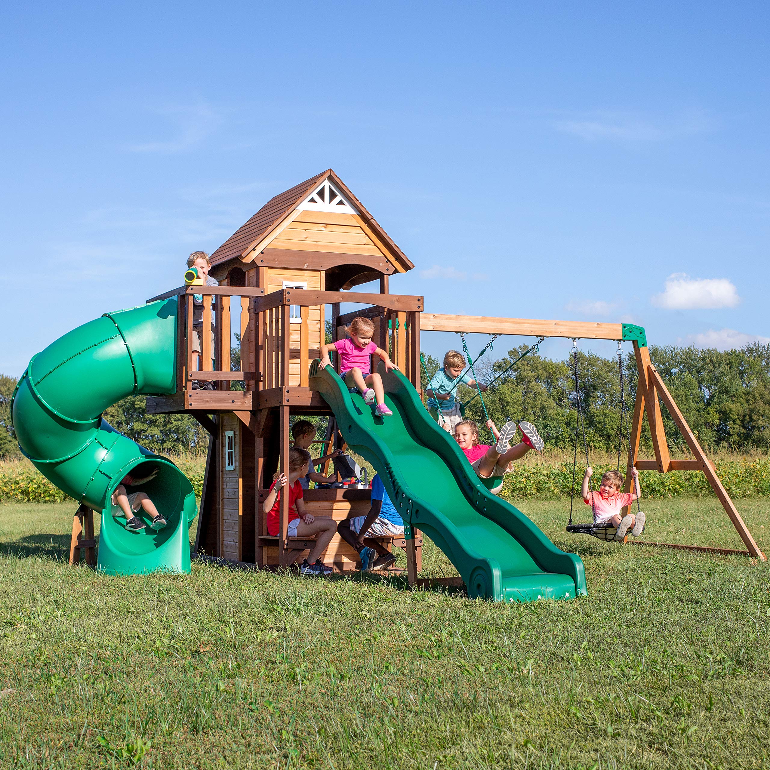 Cedar Wood Swing Set with Clubhouse and Dual Slides