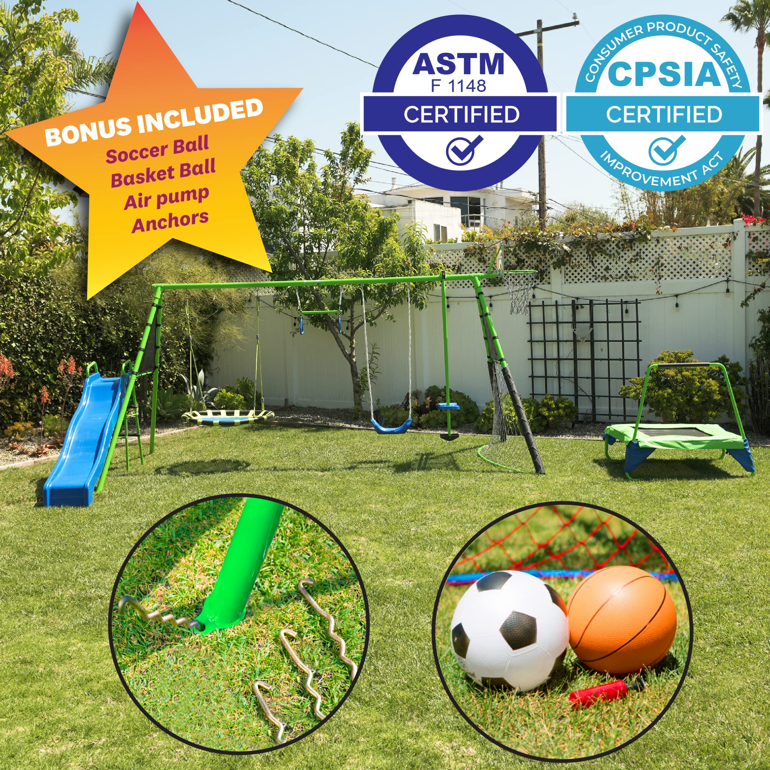8-Station Outdoor Playground Set with Swing Slide Trampoline