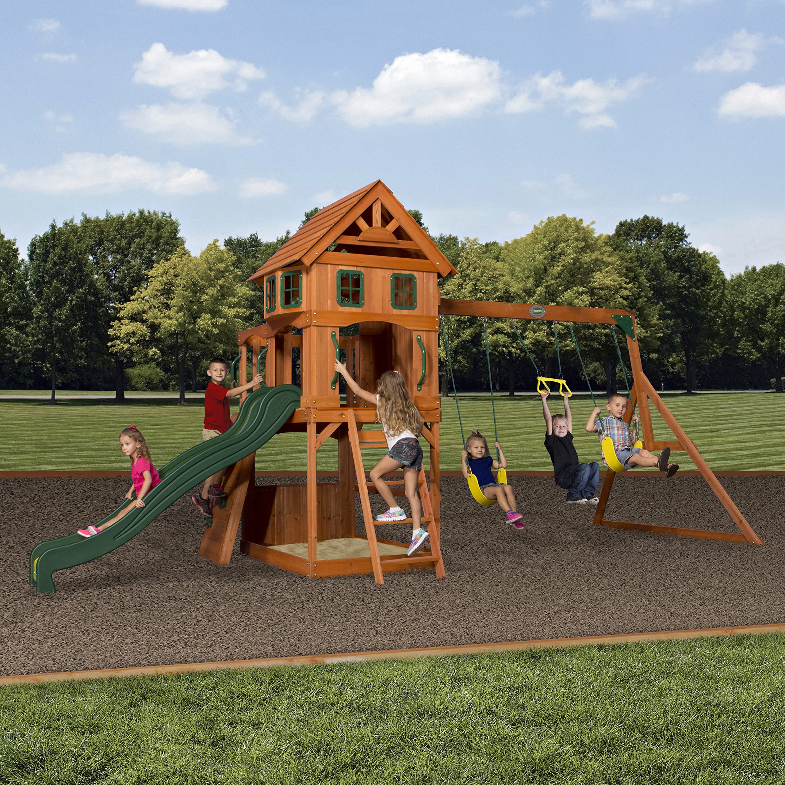 Cedar Wood Swing Set Outdoor Playset Clubhouse Wave Slide Rock Wall Trapeze