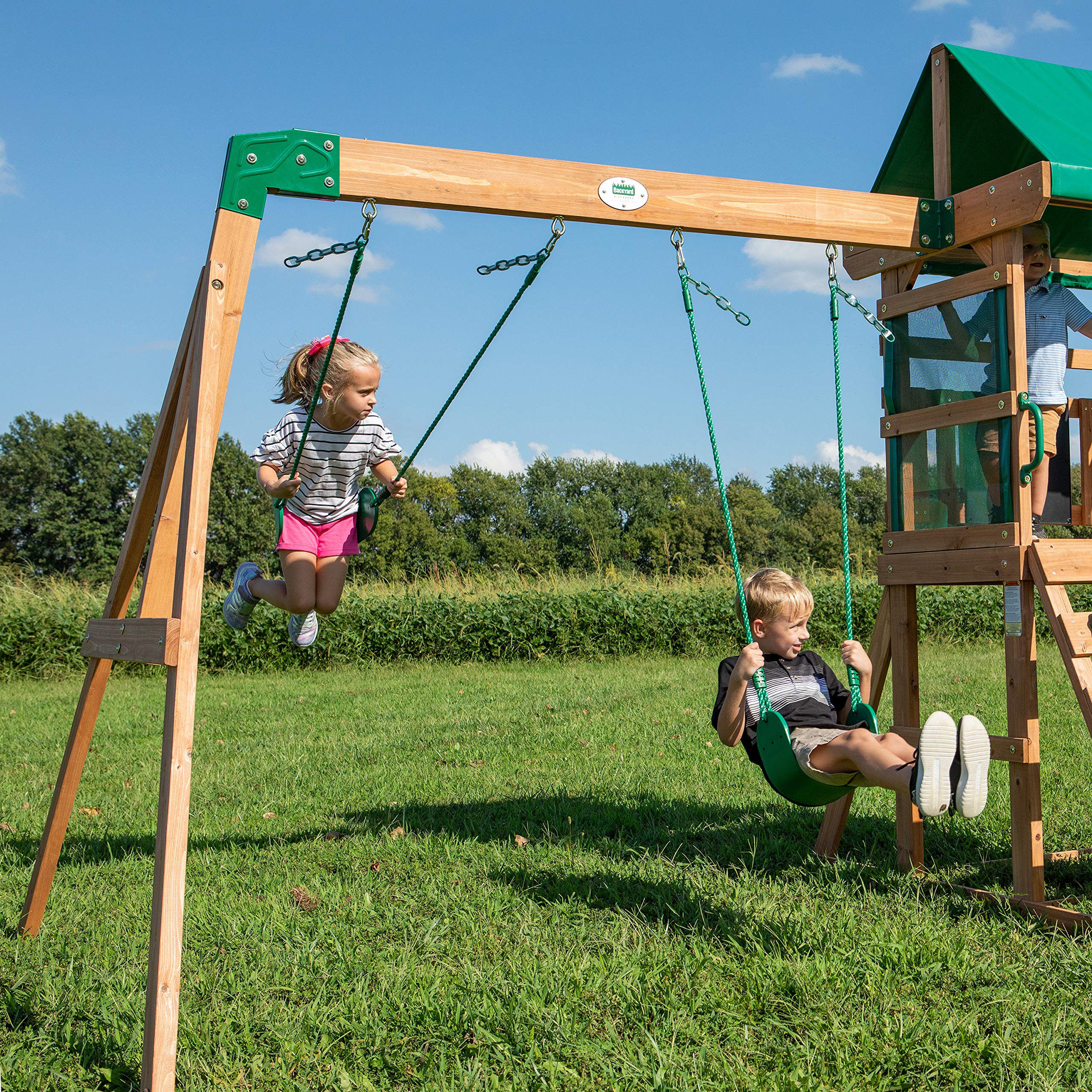 Cedar Wood Swing Set with Wave Slide and Play Deck