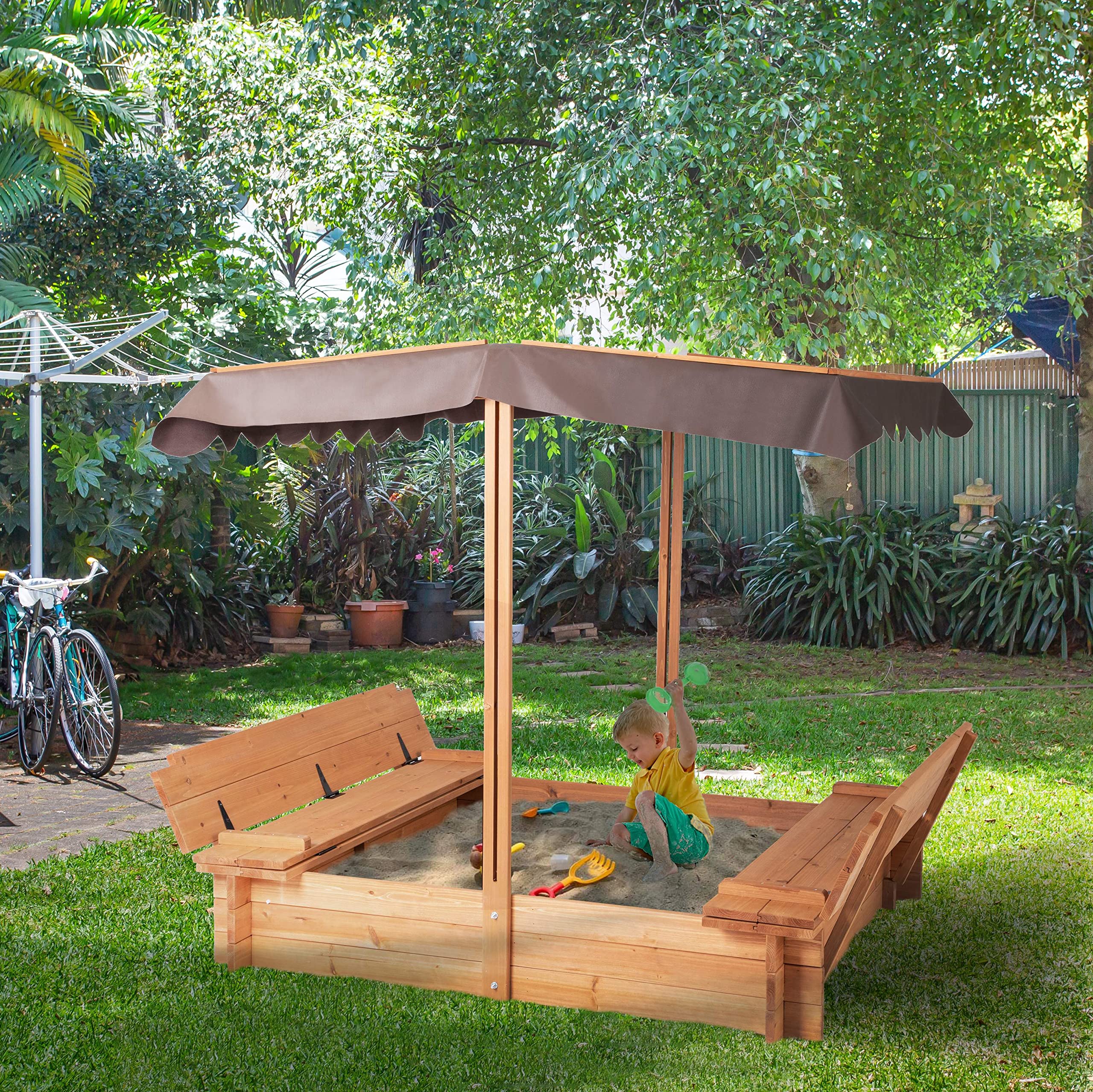 Wooden Sandbox with Canopy Cover and Bench Seats