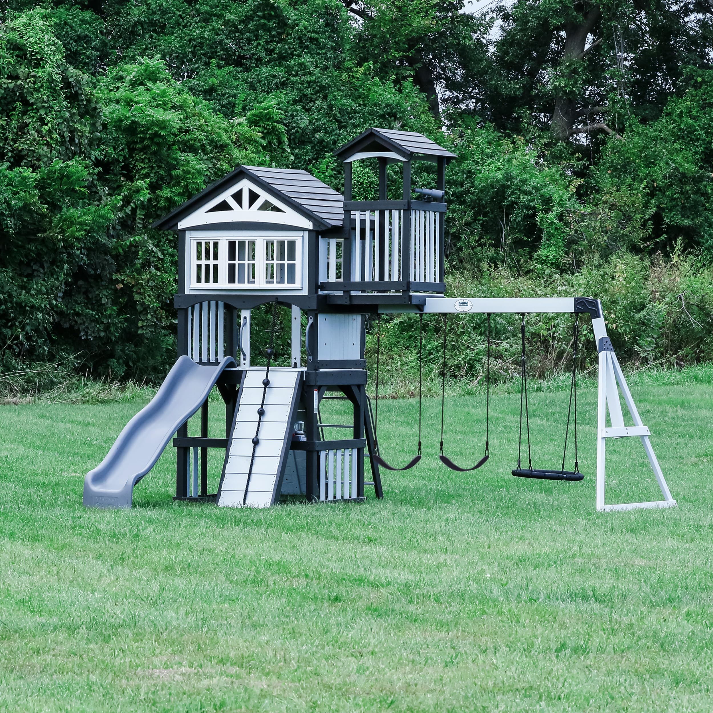 Discovery Whispering Point Light Gray Cedar Wood Swing Set with Wave Slide