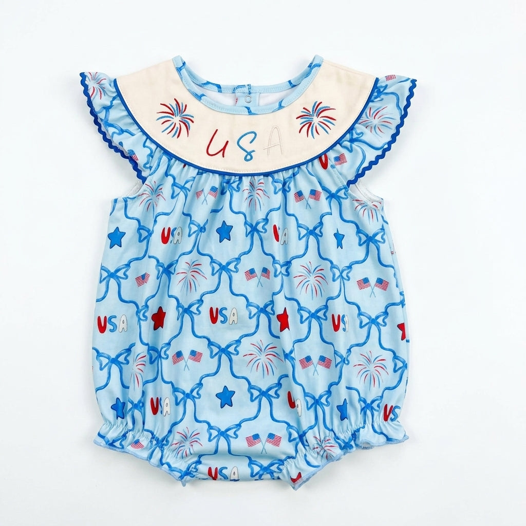 USA bows embroidery romper