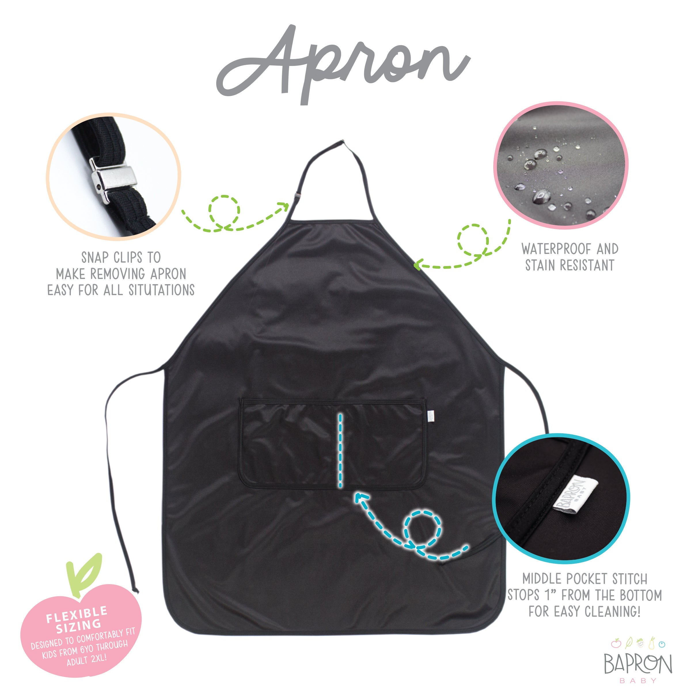 Solid Black Minimalist Apron - fits sizes youth small through adult 2XL