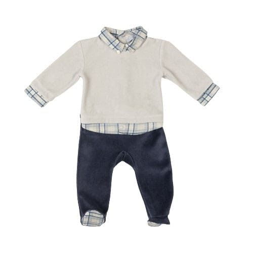 MELVIN | Boys Ivory & Navy Blue Velour All-in-One