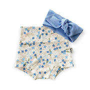Blue Tone Dainty Flowers on White Ribbed Bummies with Blue Headband