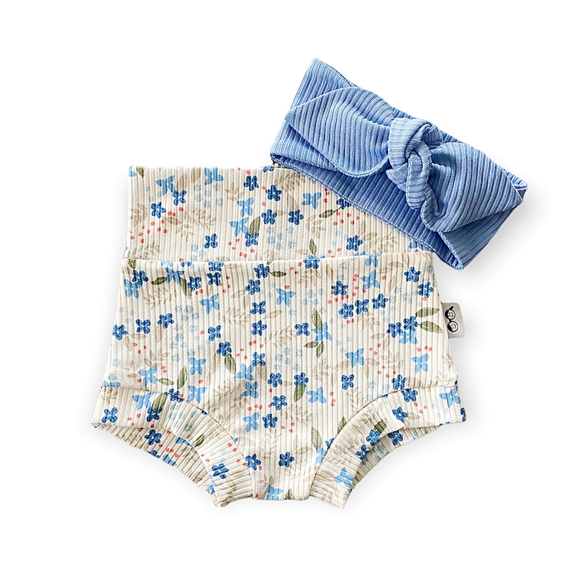 Blue Tone Dainty Flowers on White Ribbed Bummies with Blue Headband