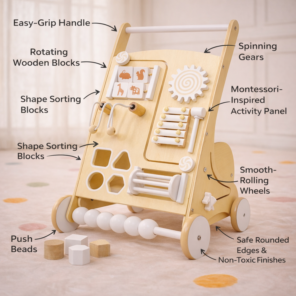Wooden Baby Activity Walker with Sensory Play